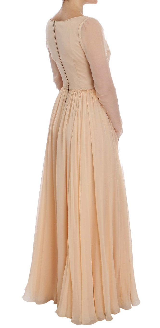 Elegant Beige Silk Full Length Sheath Dress - ventzia