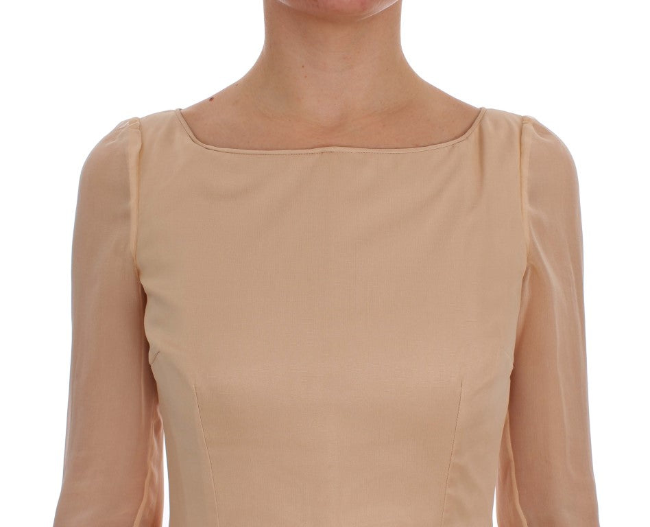 Elegant Beige Silk Full Length Sheath Dress - ventzia