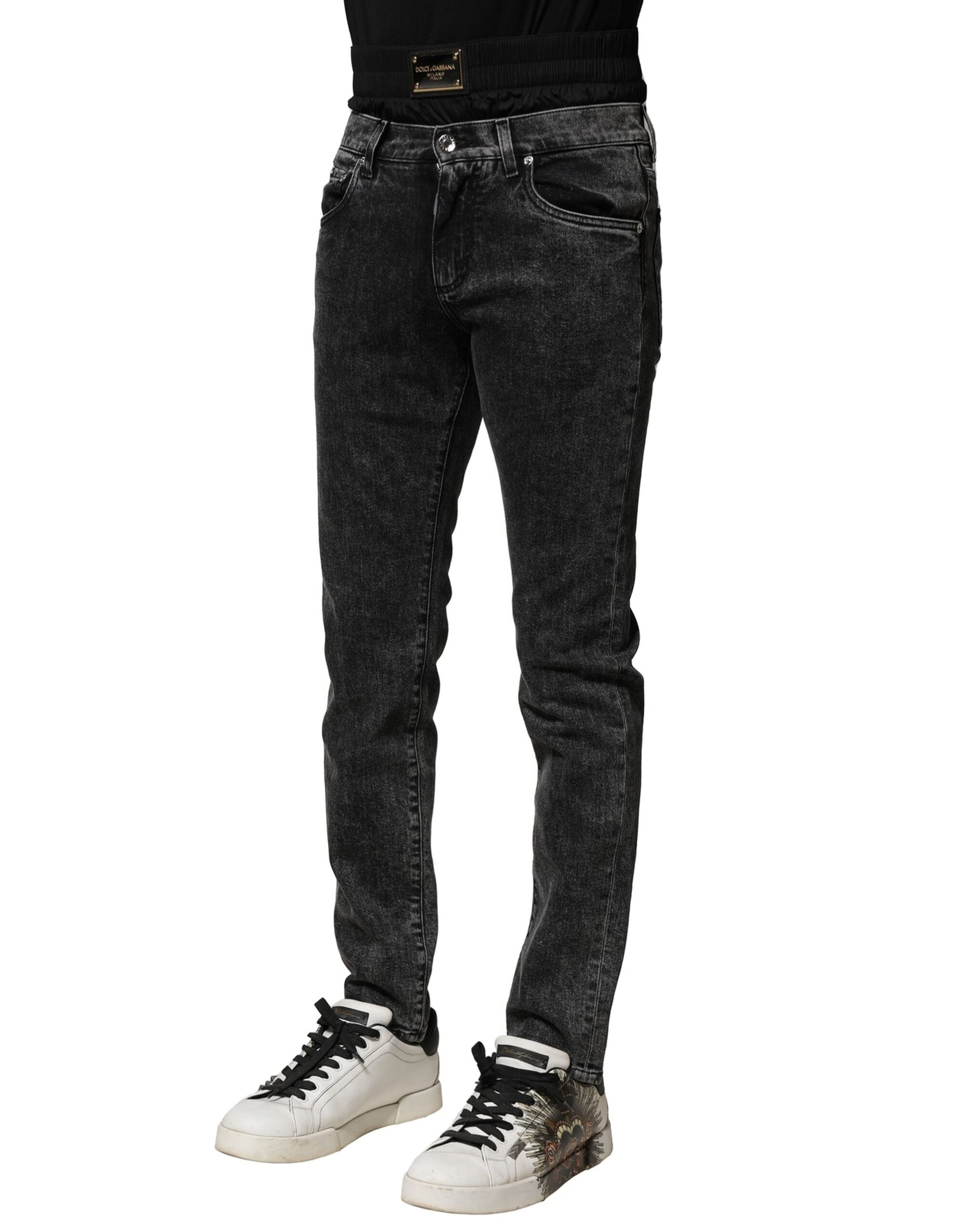 Black Washed Double Waistband Denim Jeans - ventzia