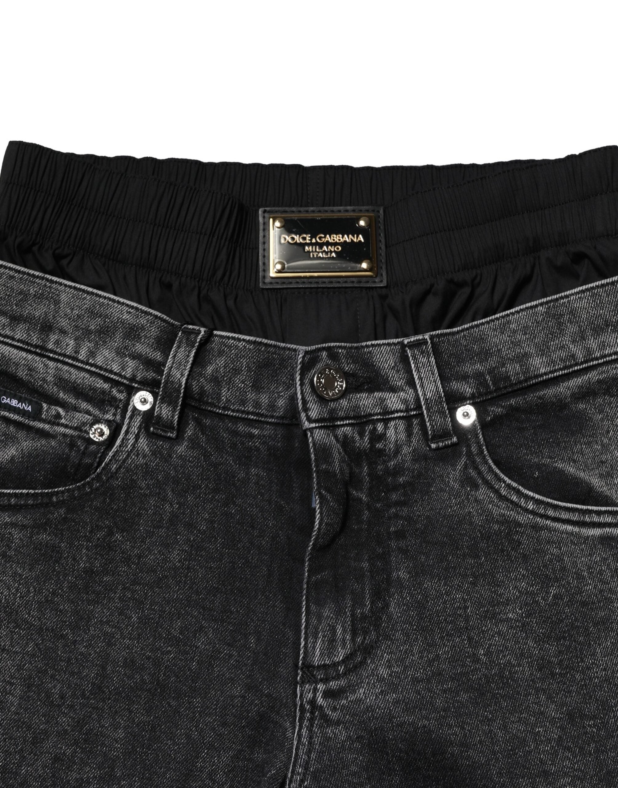Black Washed Double Waistband Denim Jeans - ventzia