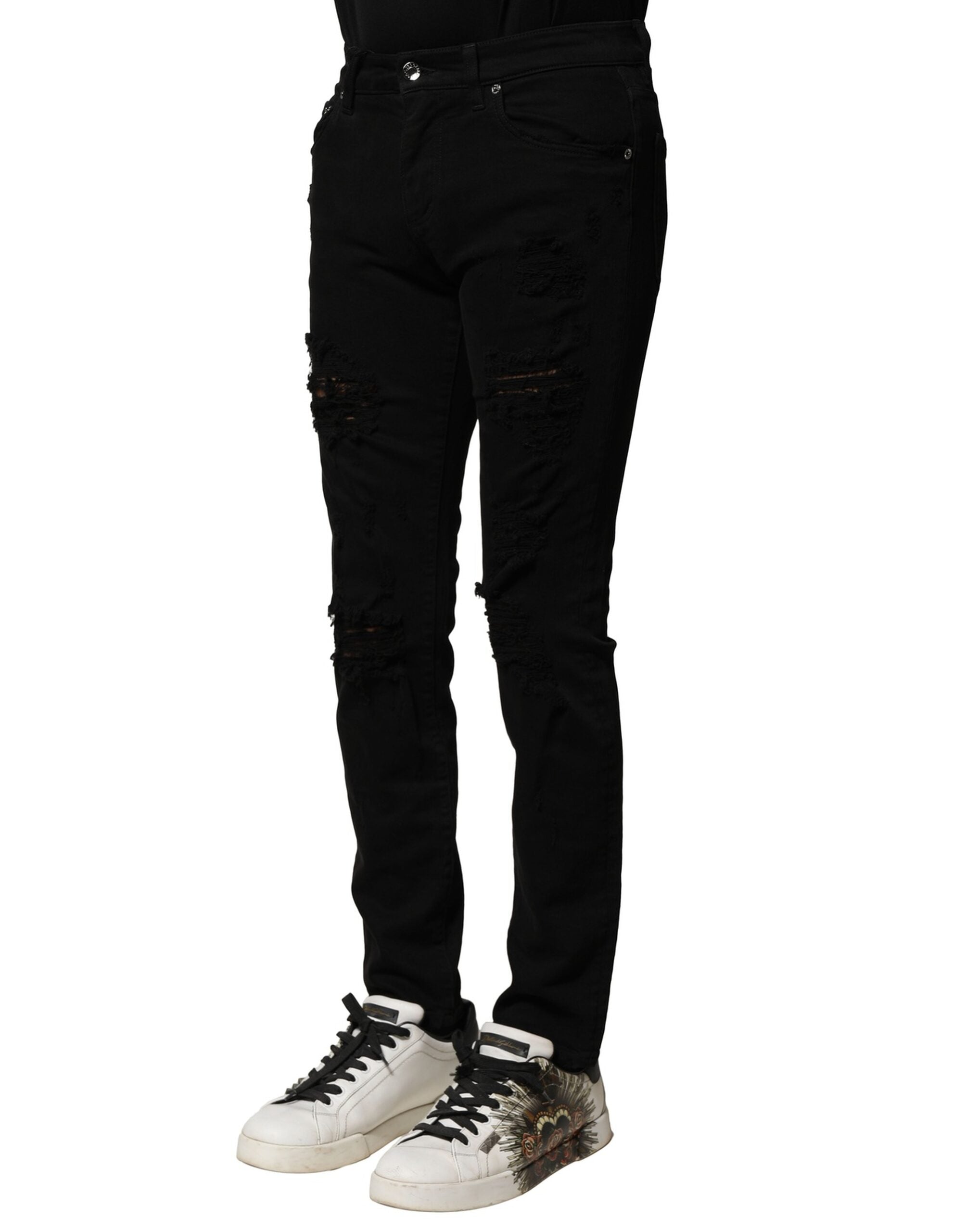 Black Cotton Logo Plaque Slim Denim Jeans - ventzia