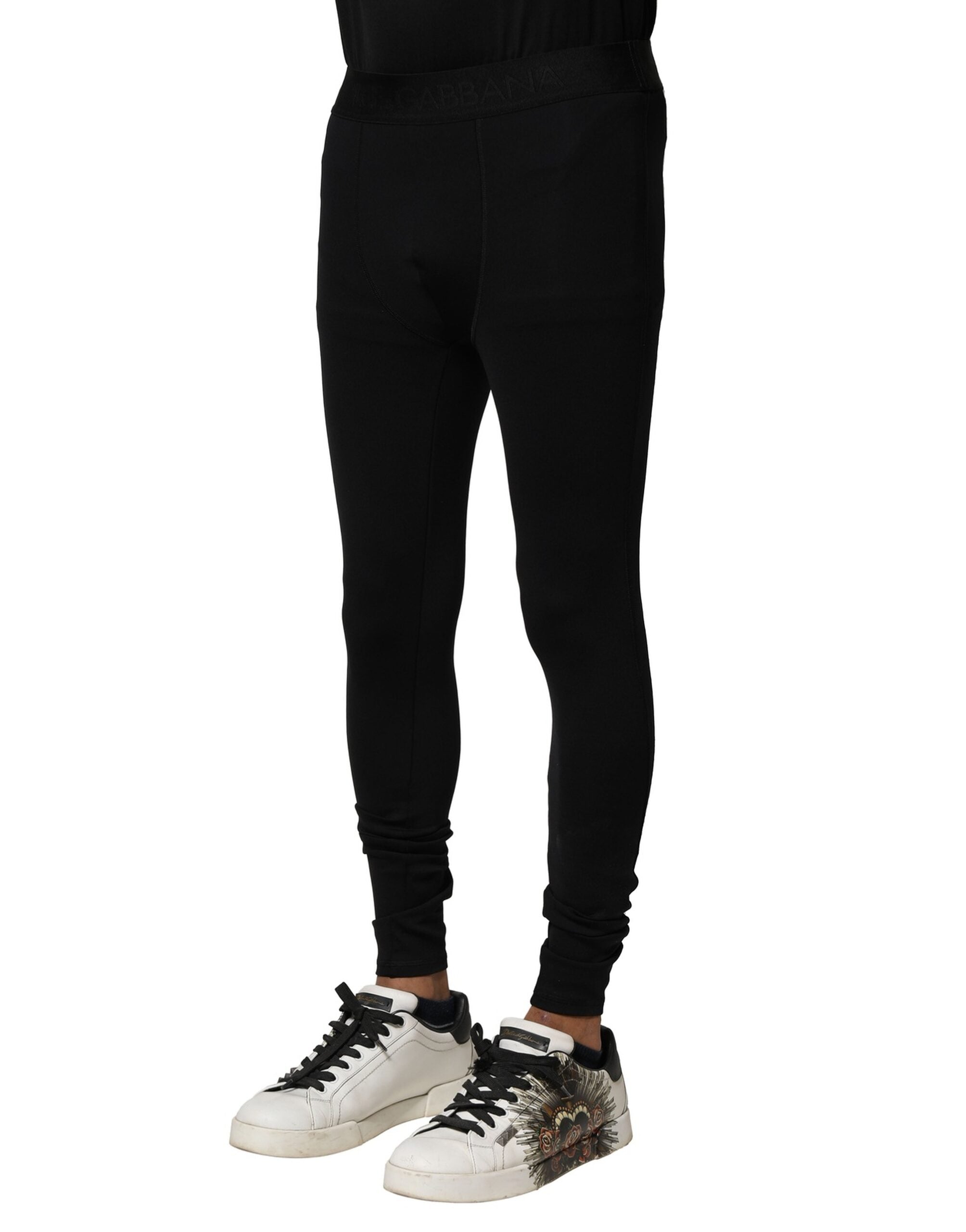 Black Nylon Elastic Logo Men Leggings Pants - ventzia