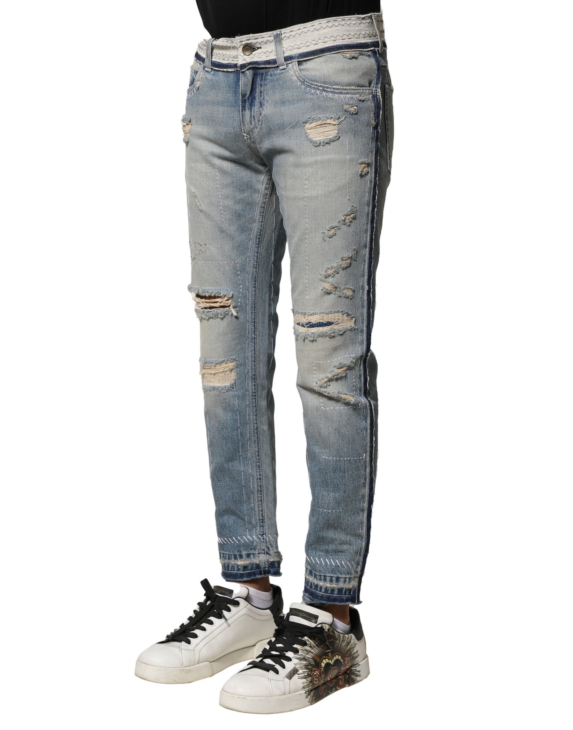 Light Blue Tattered Straight Men Denim Jeans - ventzia