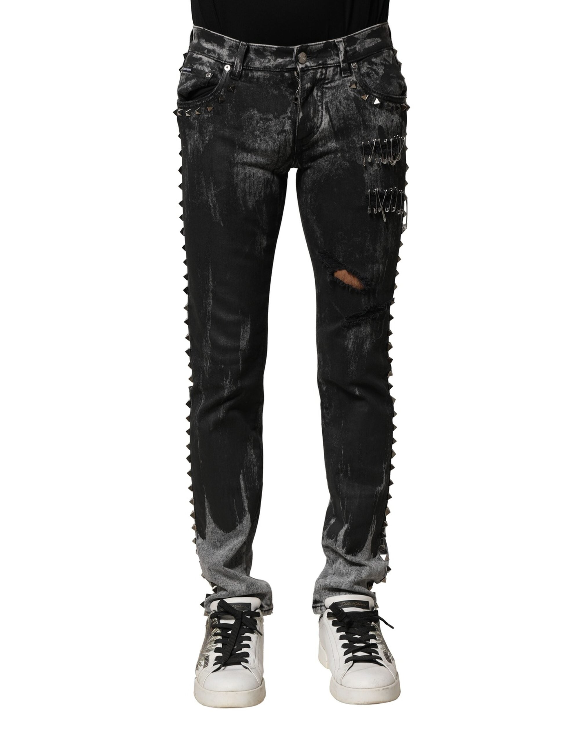Black Washed Embellished Skinny Denim Jeans - ventzia