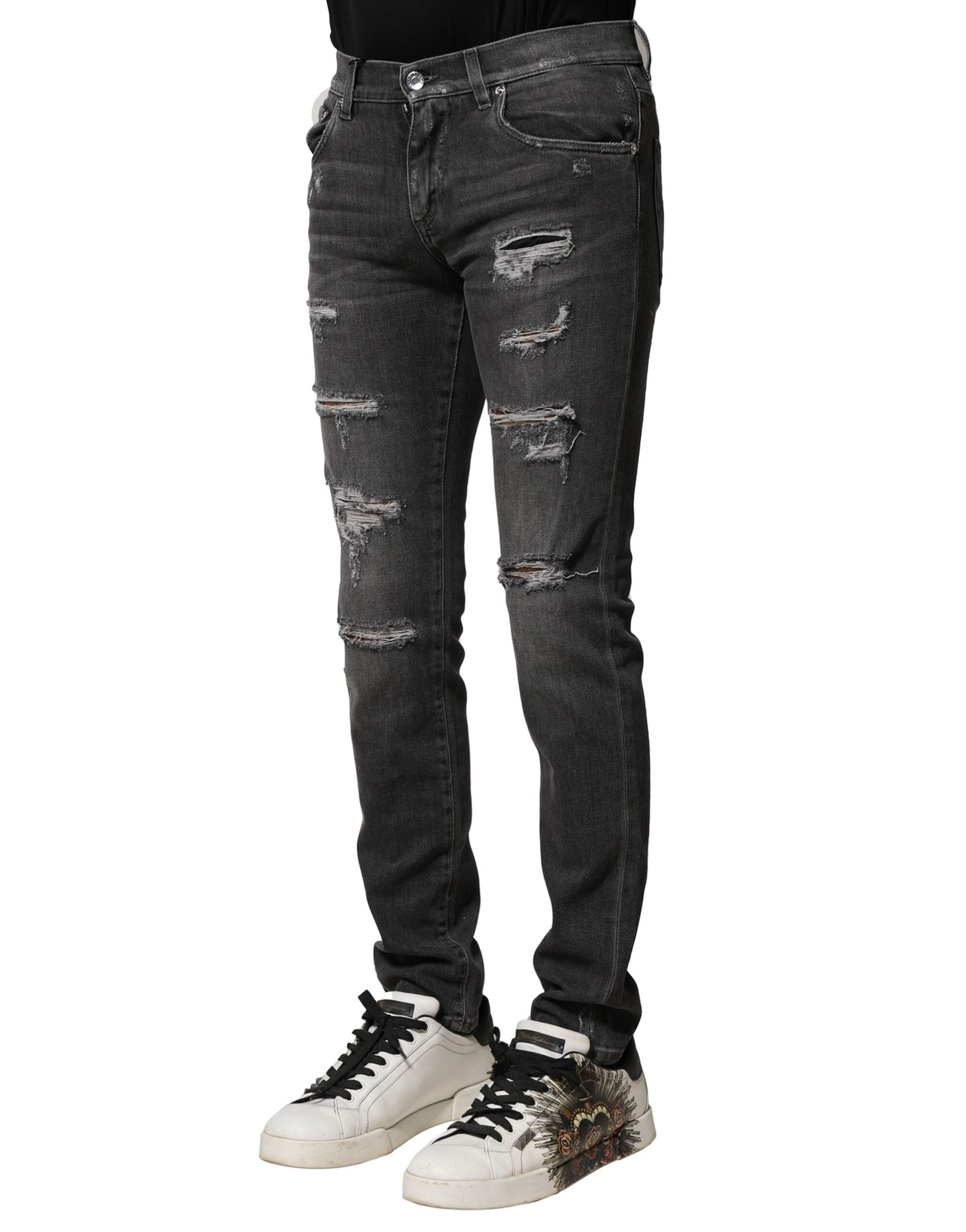 Black Washed Tattered Slim Fit Denim Jeans - ventzia