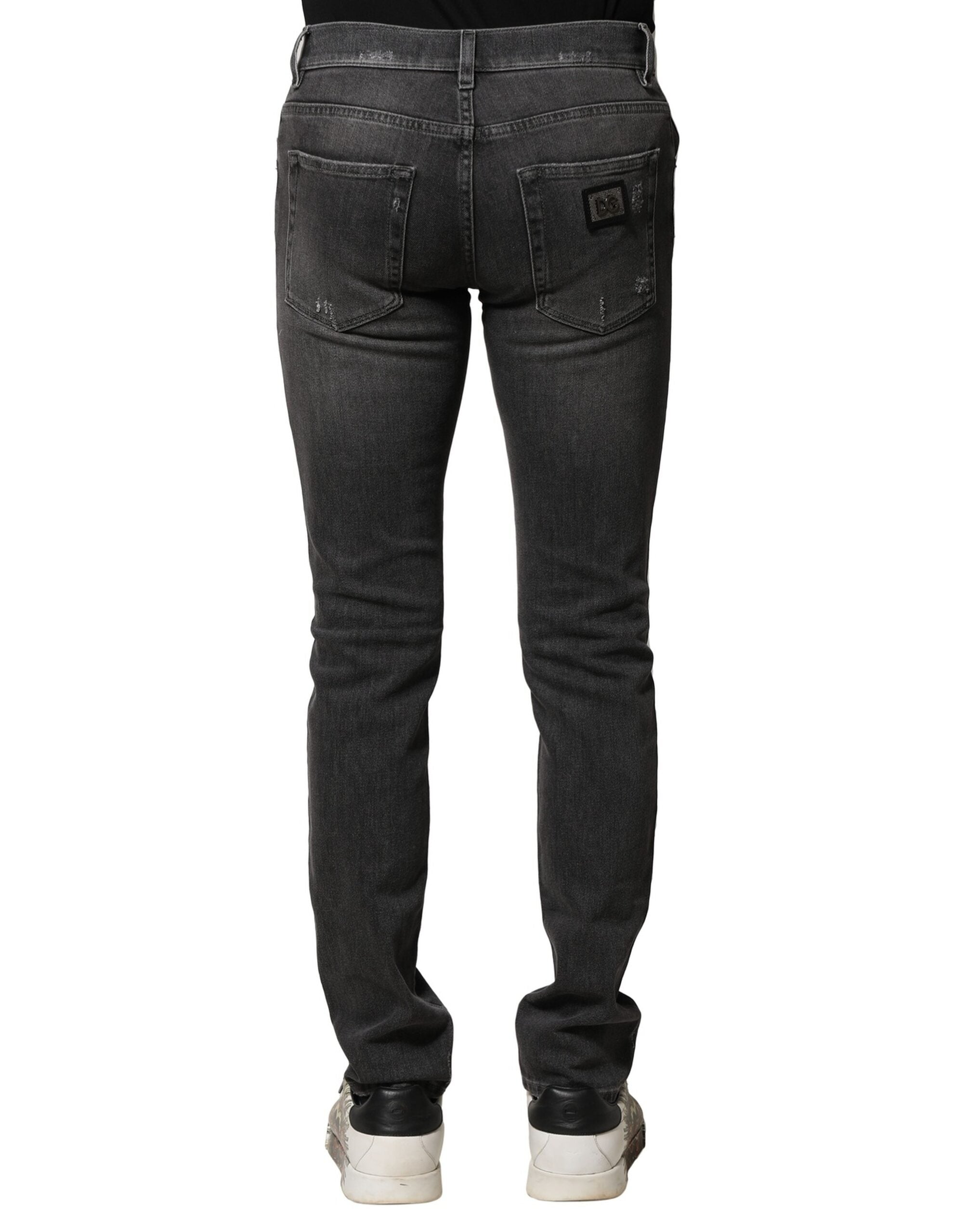 Black Washed Tattered Slim Fit Denim Jeans - ventzia