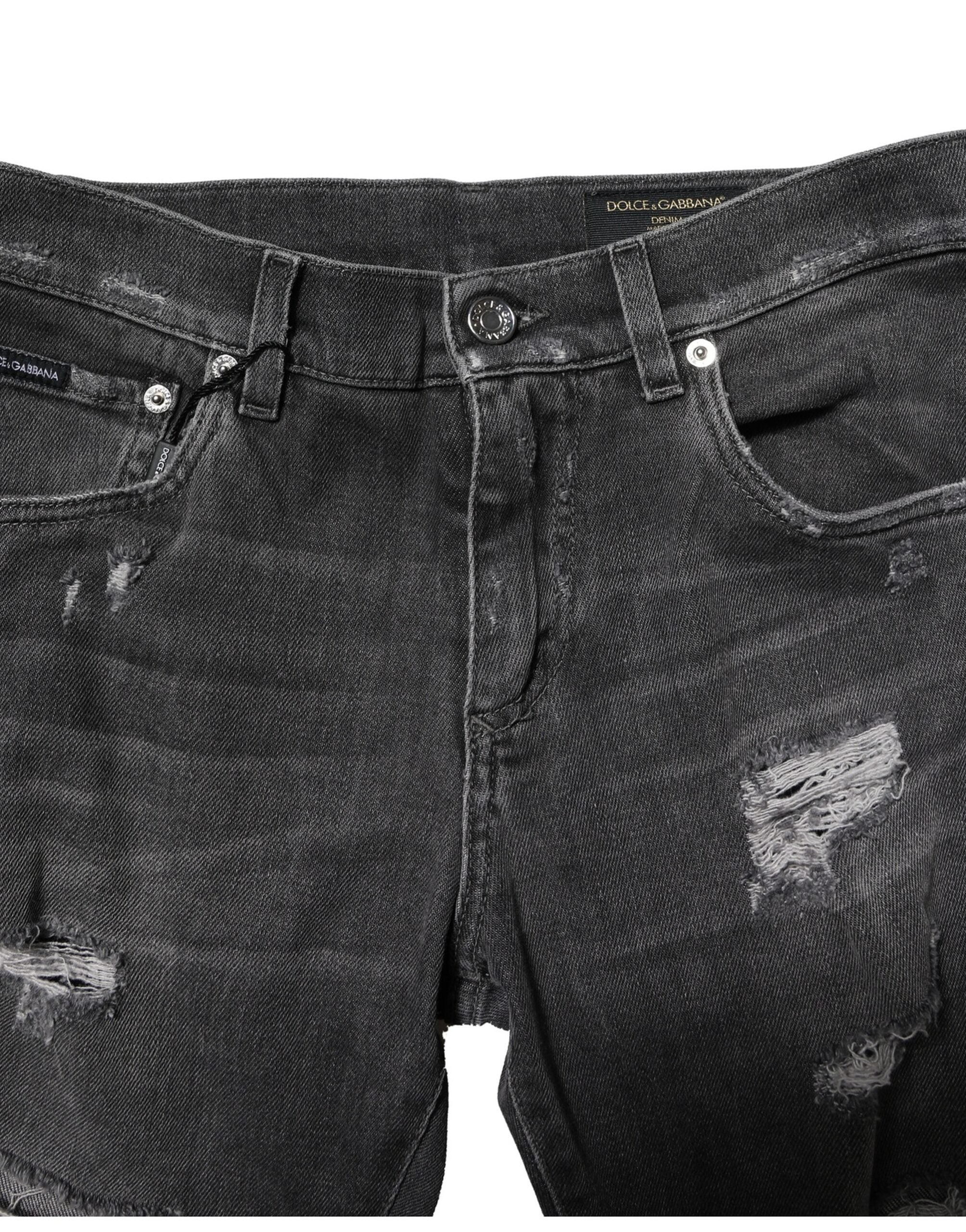 Black Washed Tattered Slim Fit Denim Jeans - ventzia