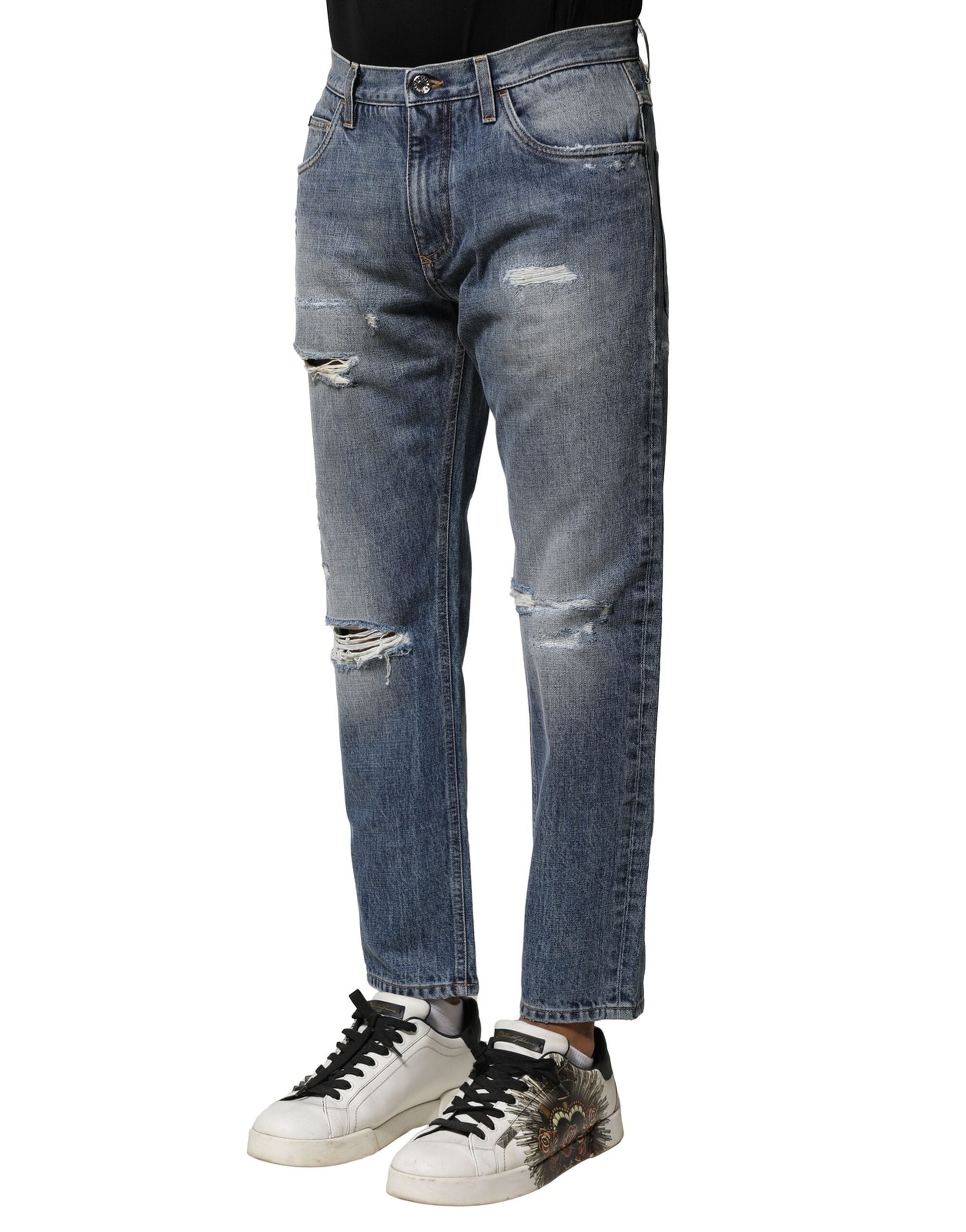 Blue Washed Tattered Straight Fit Denim Jeans - ventzia
