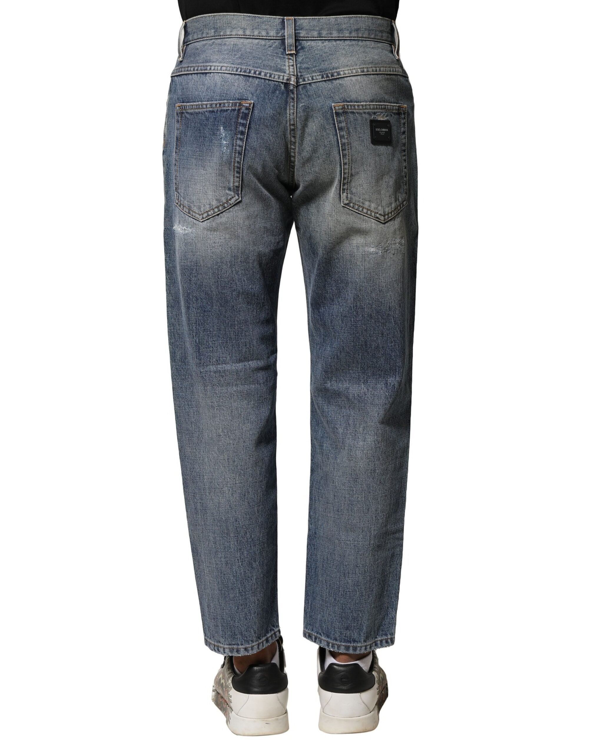 Blue Washed Tattered Straight Fit Denim Jeans - ventzia