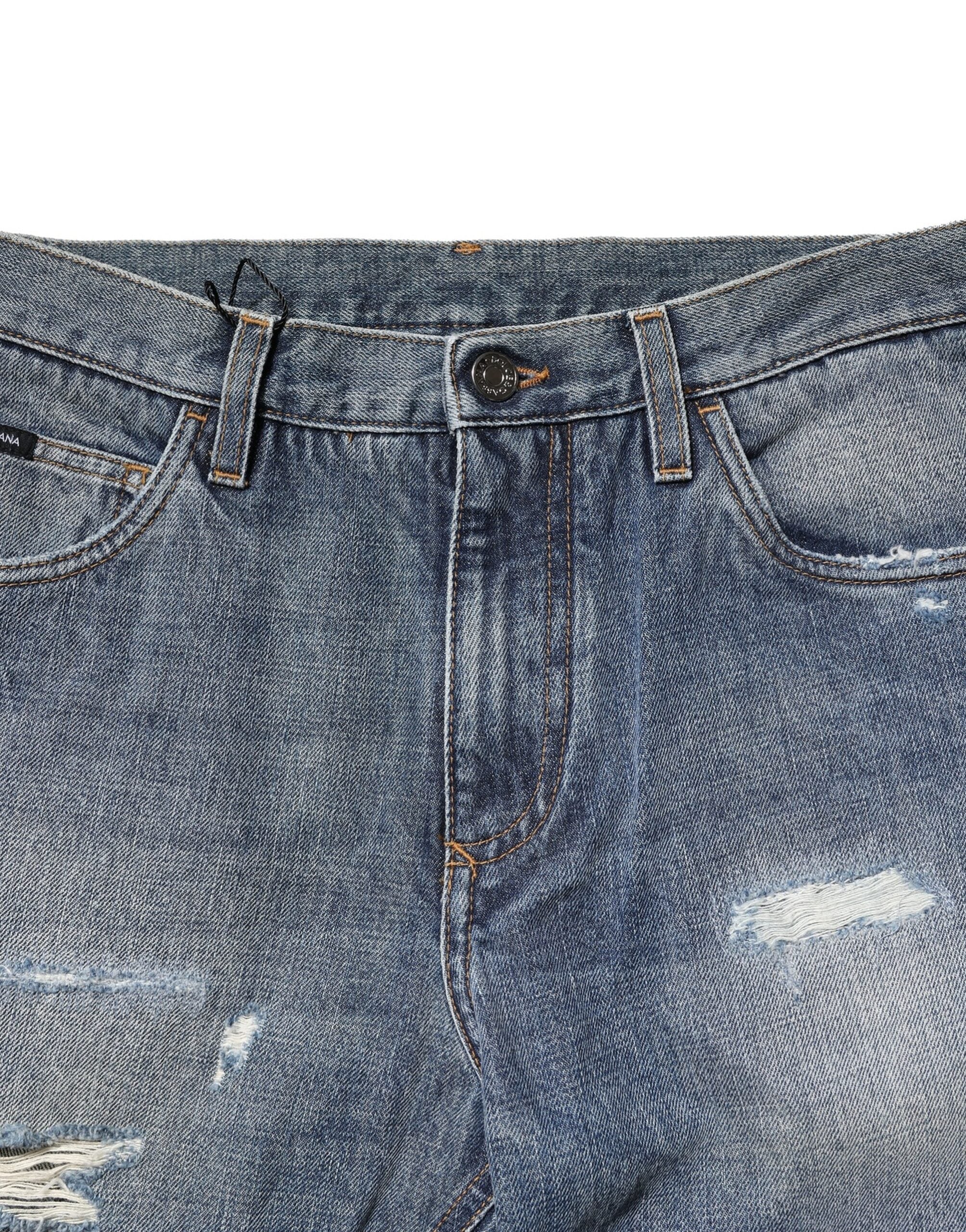 Blue Washed Tattered Straight Fit Denim Jeans - ventzia