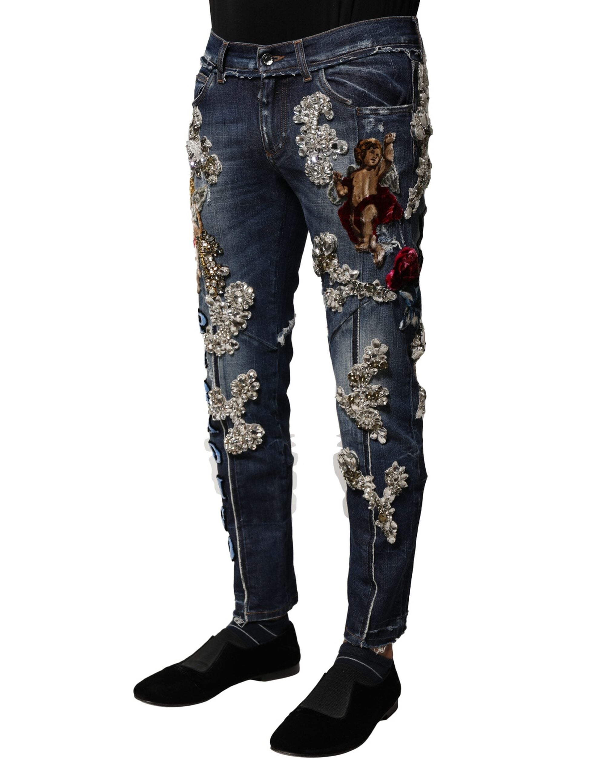 Blue Cotton Rhinestone Embellish Denim Jeans - ventzia