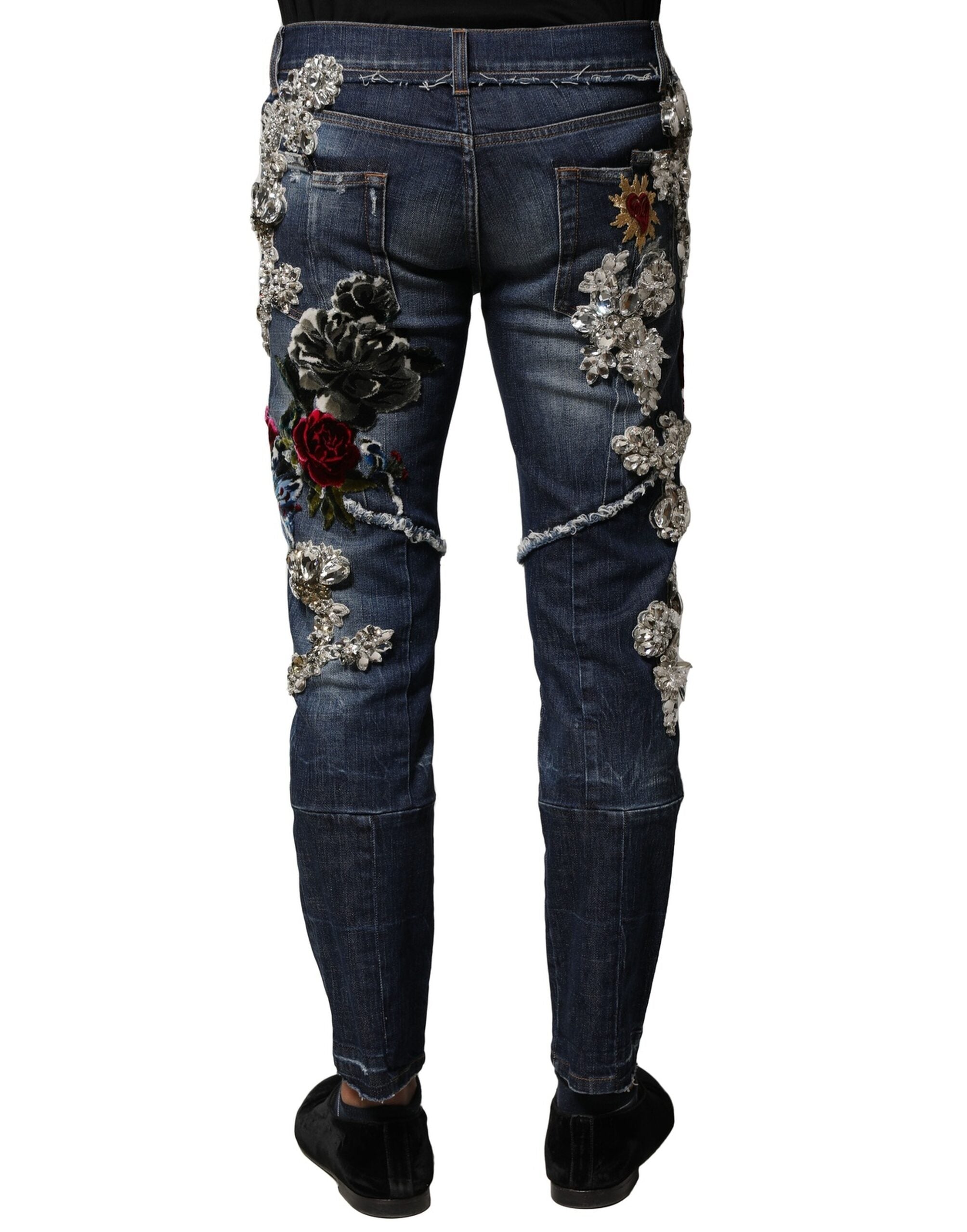 Blue Cotton Rhinestone Embellish Denim Jeans - ventzia