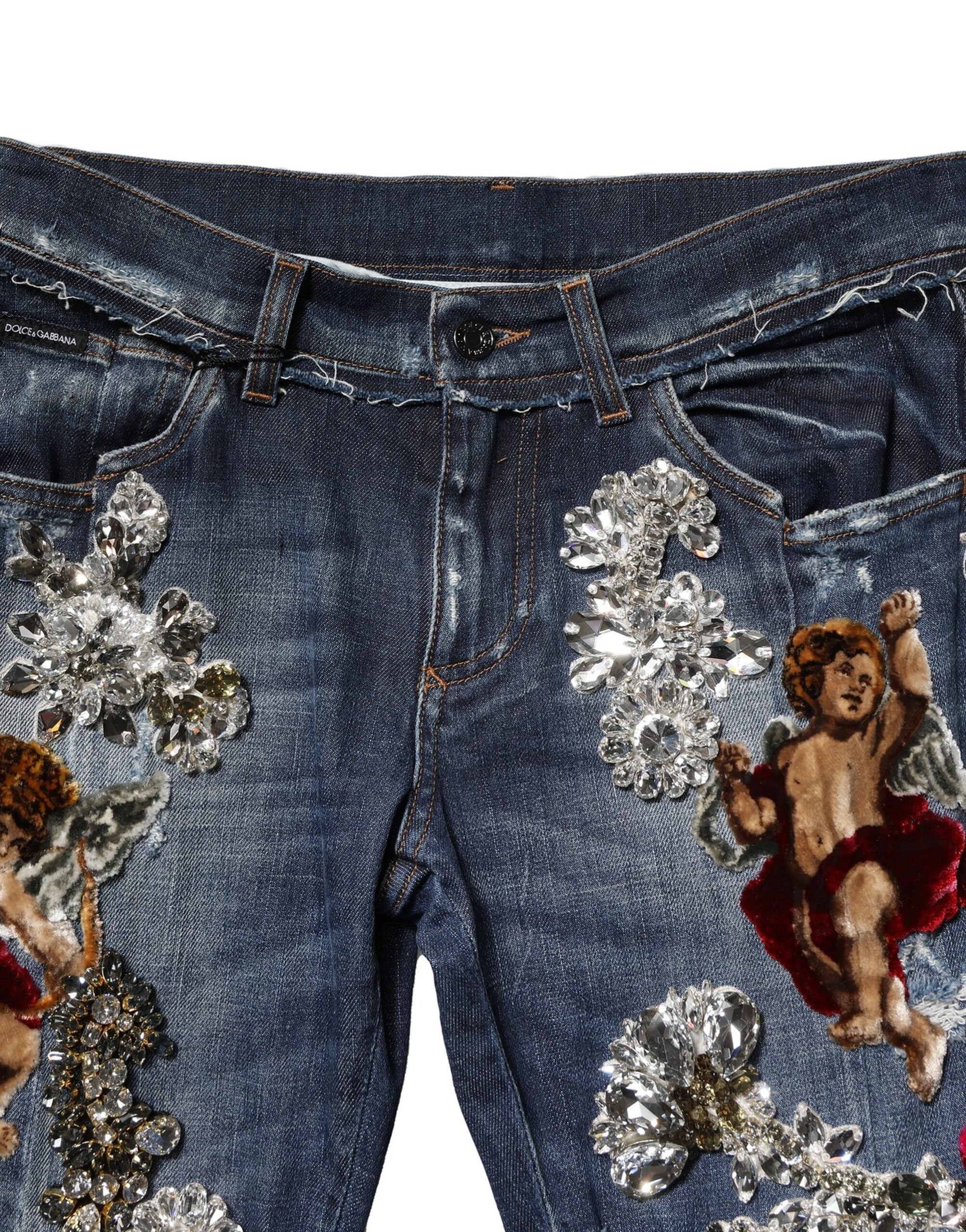 Blue Cotton Rhinestone Embellish Denim Jeans - ventzia