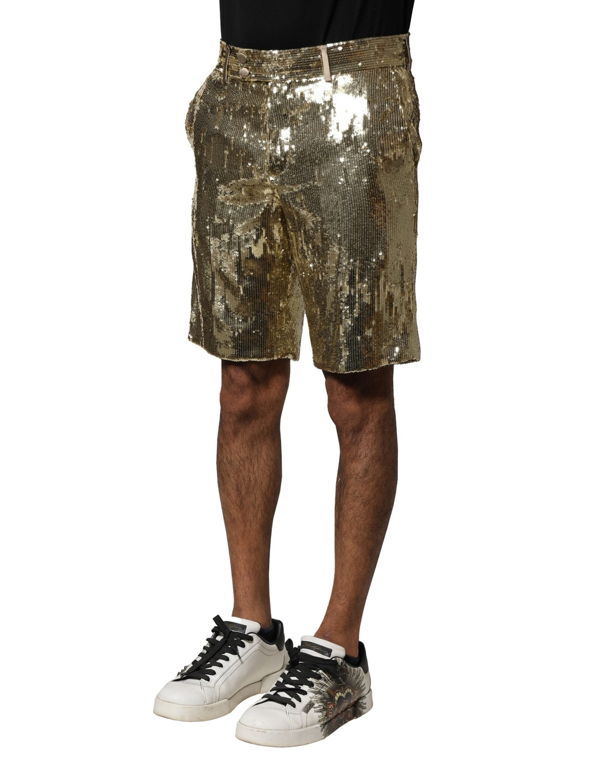 Gold Sequin Polyester Embellished Bermuda Shorts - ventzia