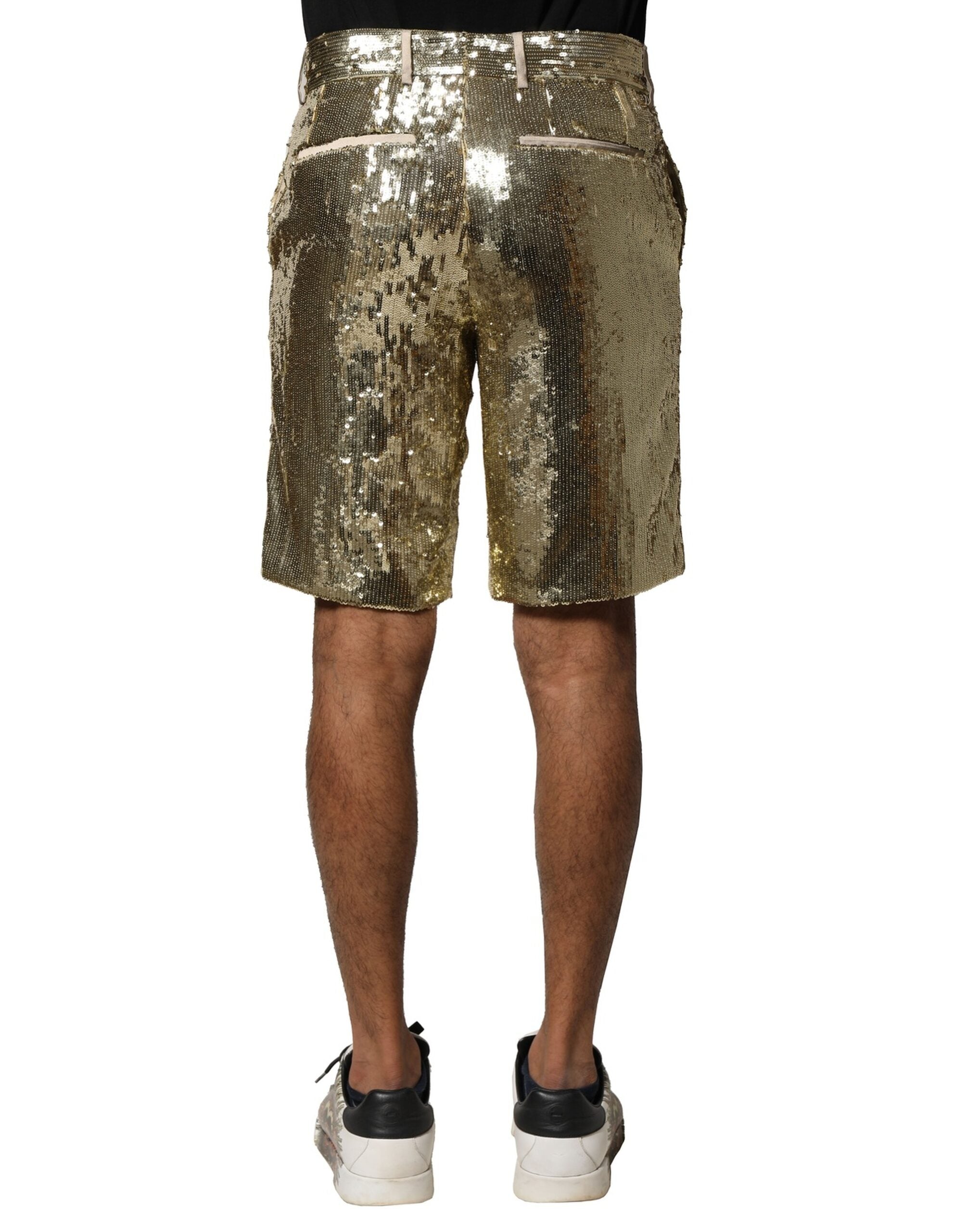 Gold Sequin Polyester Embellished Bermuda Shorts - ventzia