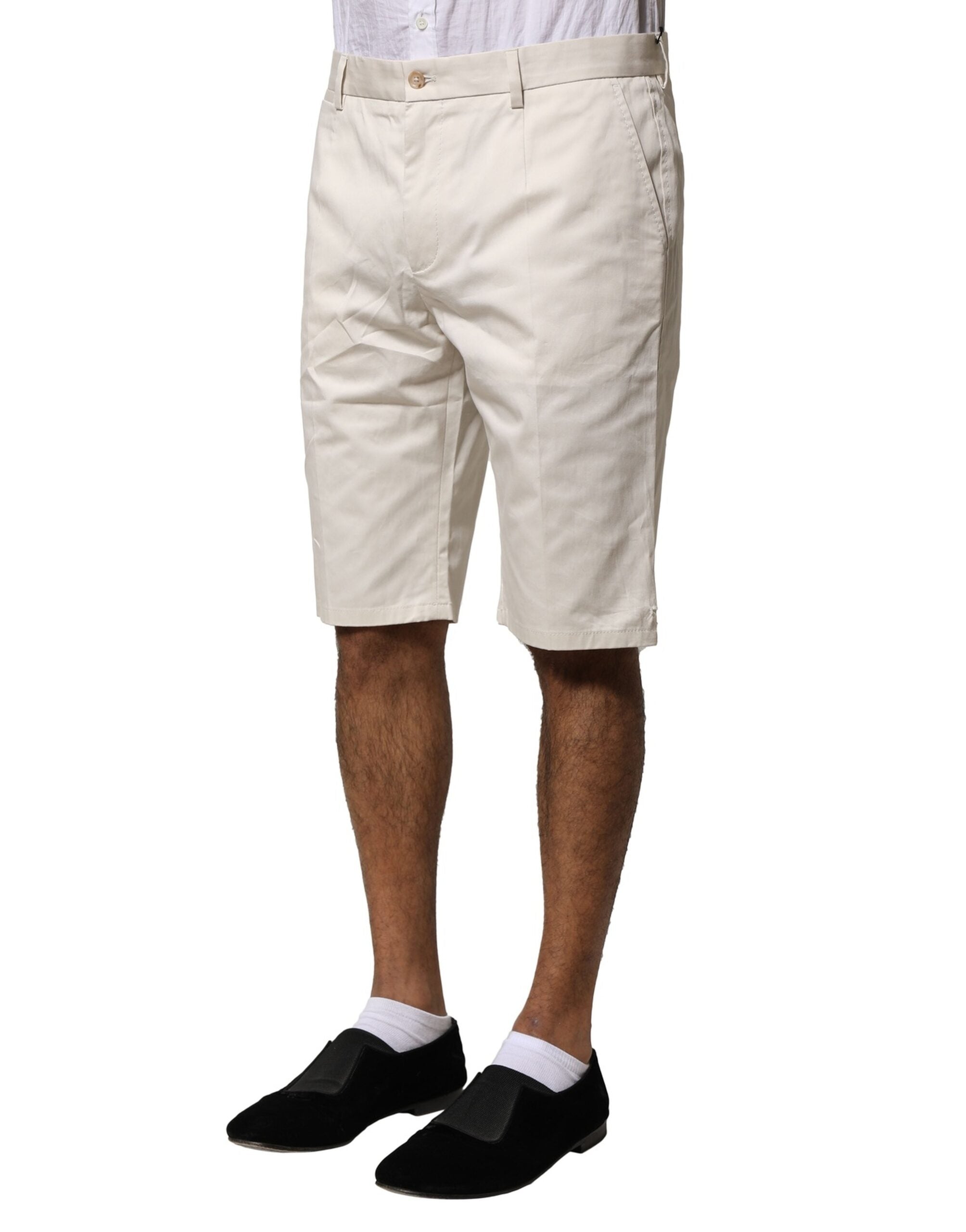 Beige Cotton Stretch Mid Waist Bermuda Shorts - ventzia