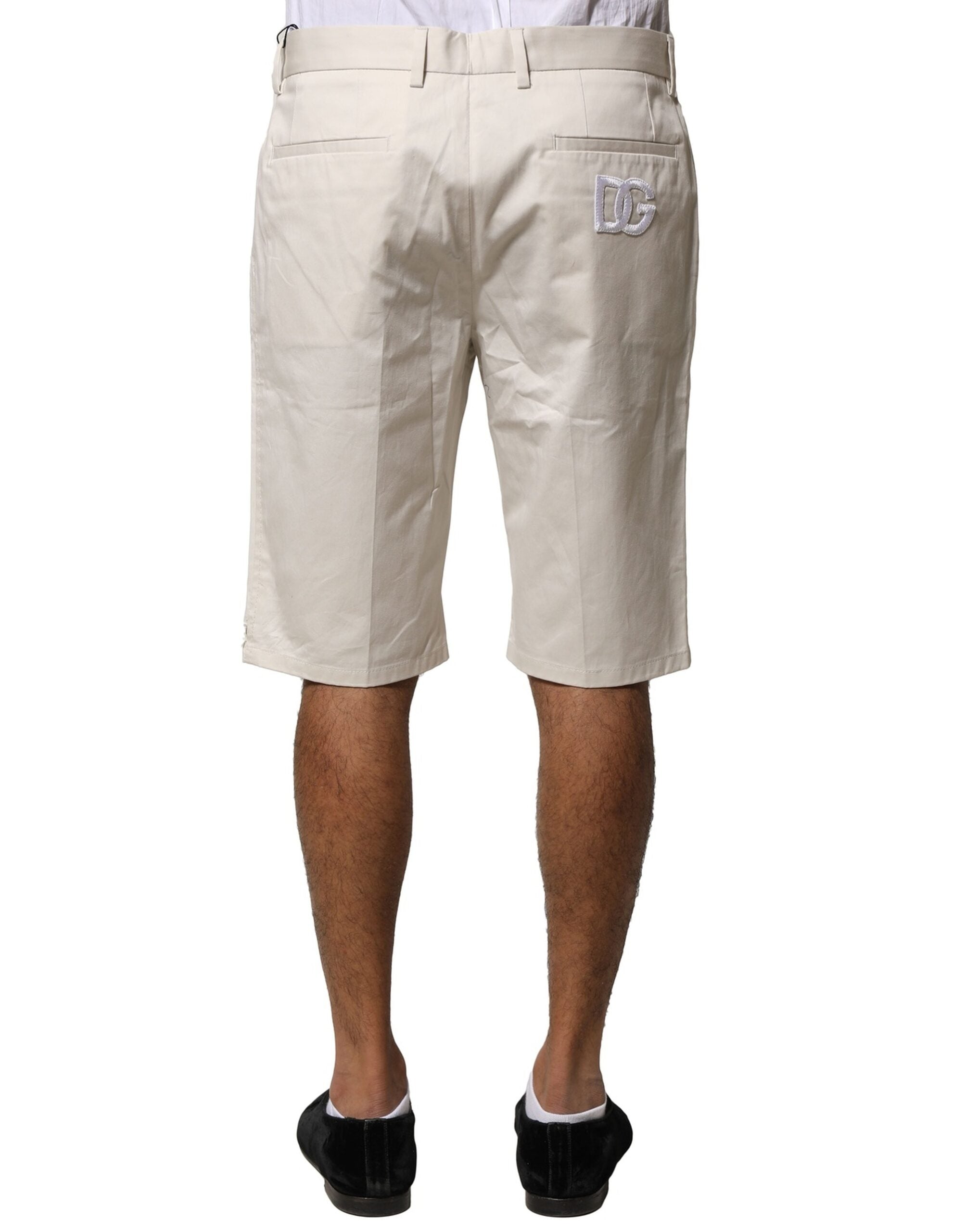 Beige Cotton Stretch Mid Waist Bermuda Shorts - ventzia