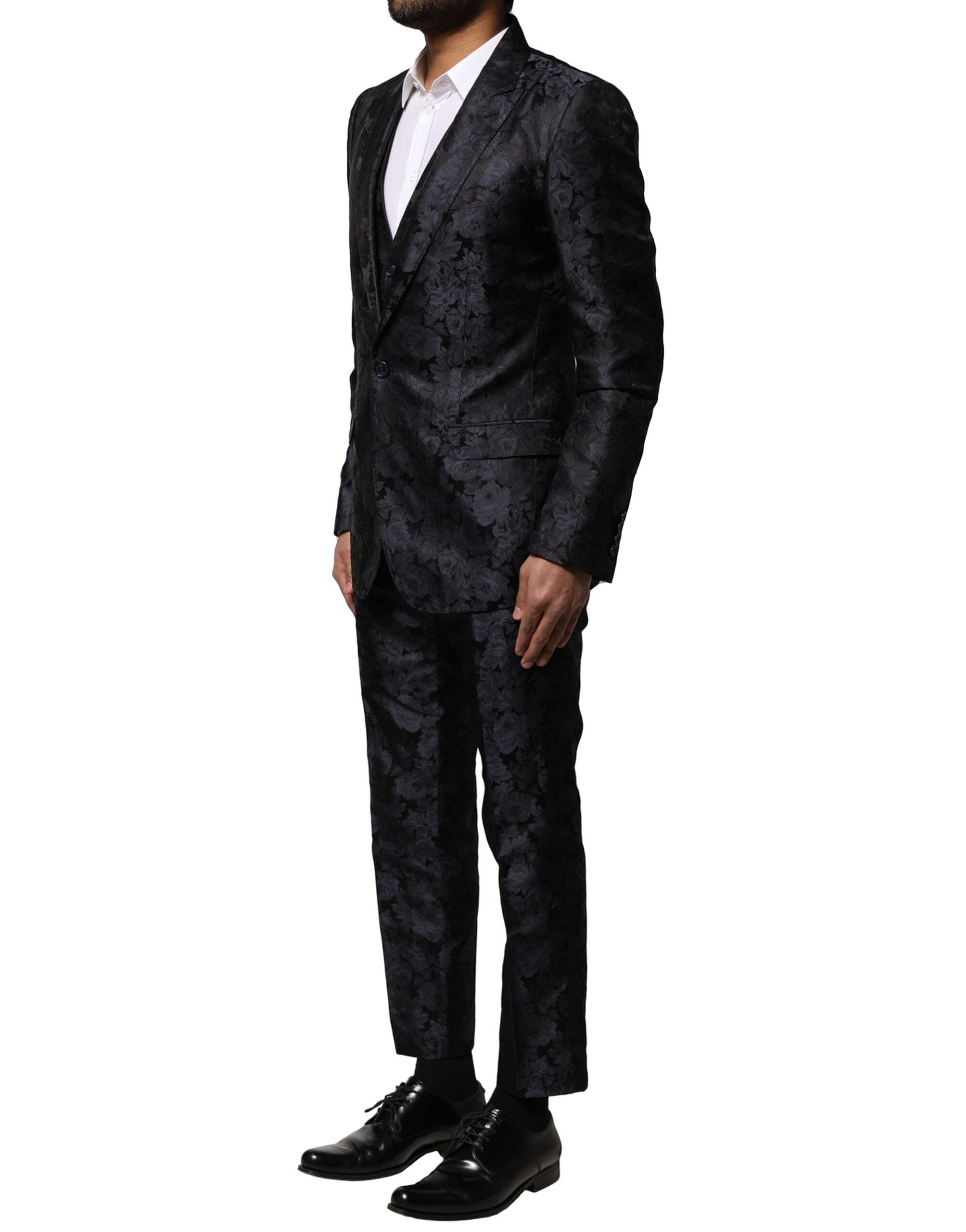 Black Jacquard 3 Piece Single Breasted Suit - ventzia