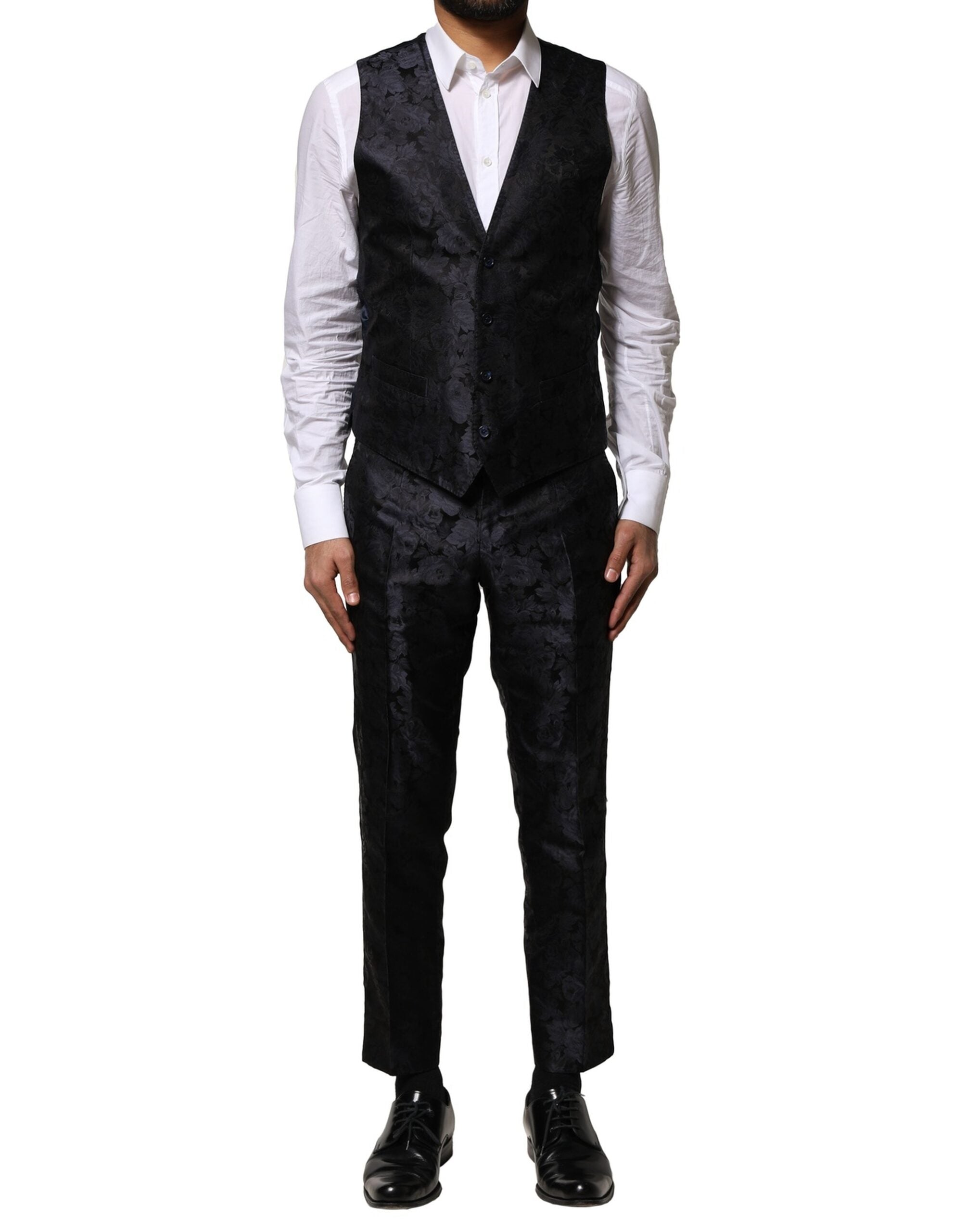 Black Jacquard 3 Piece Single Breasted Suit - ventzia