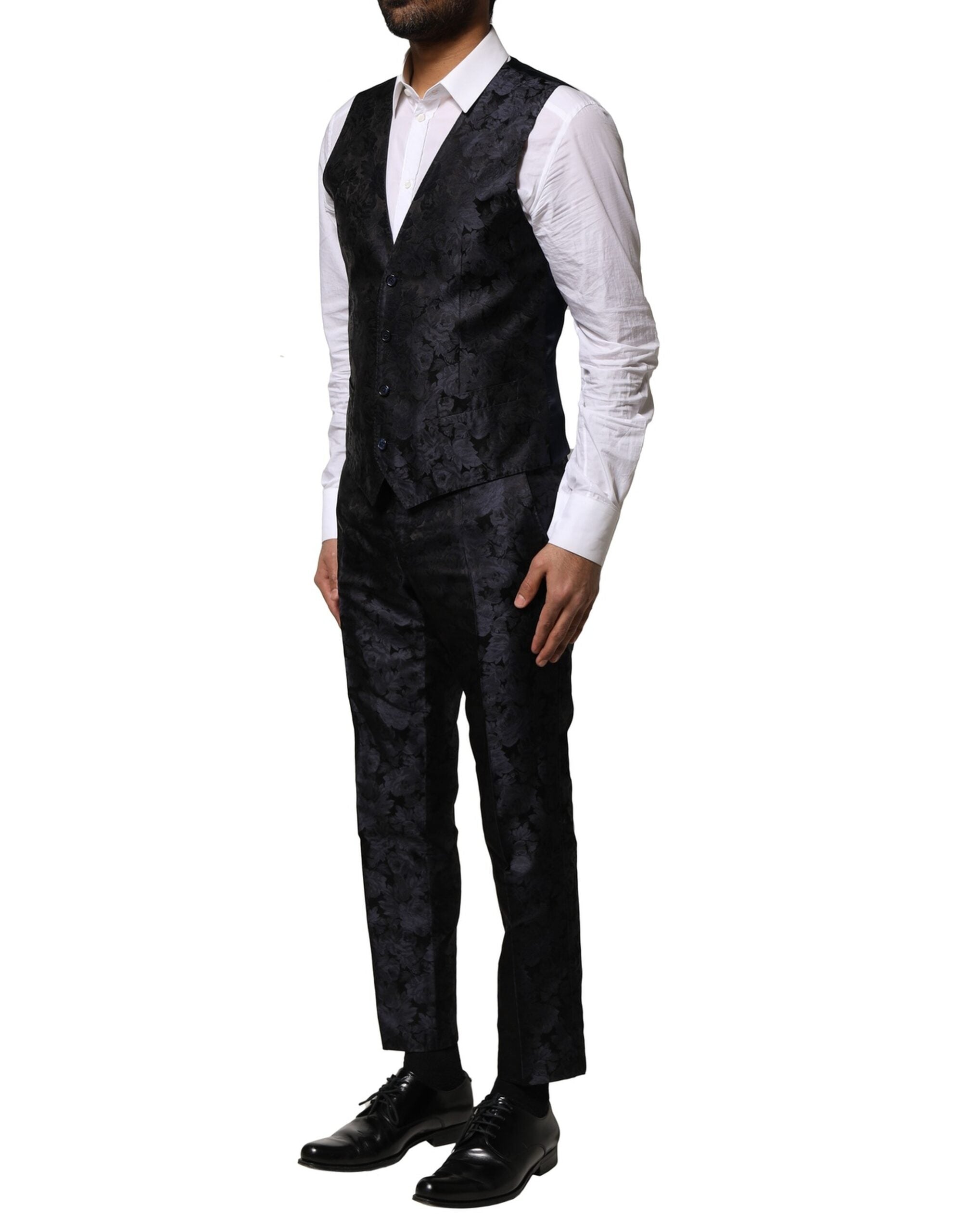 Black Jacquard 3 Piece Single Breasted Suit - ventzia