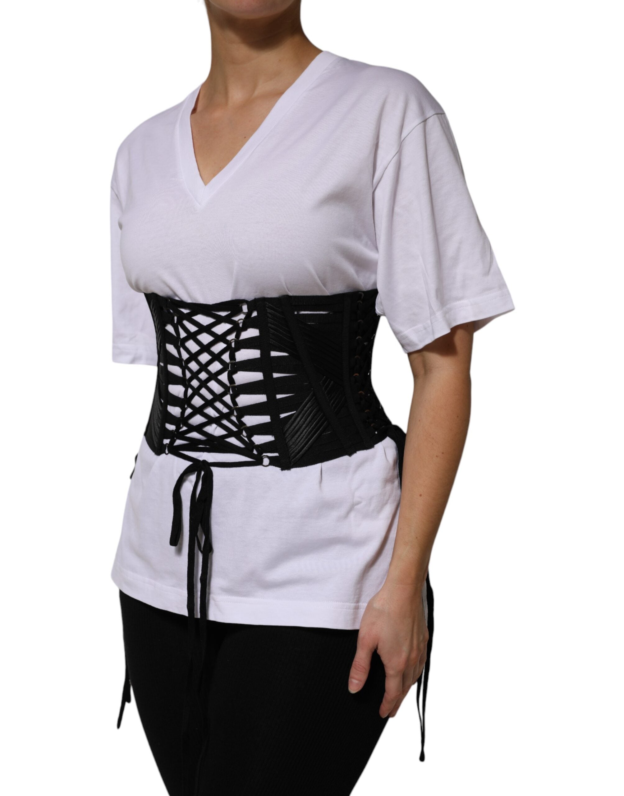 Black Cotton Waist LaceUp Strap Corset Belt - ventzia
