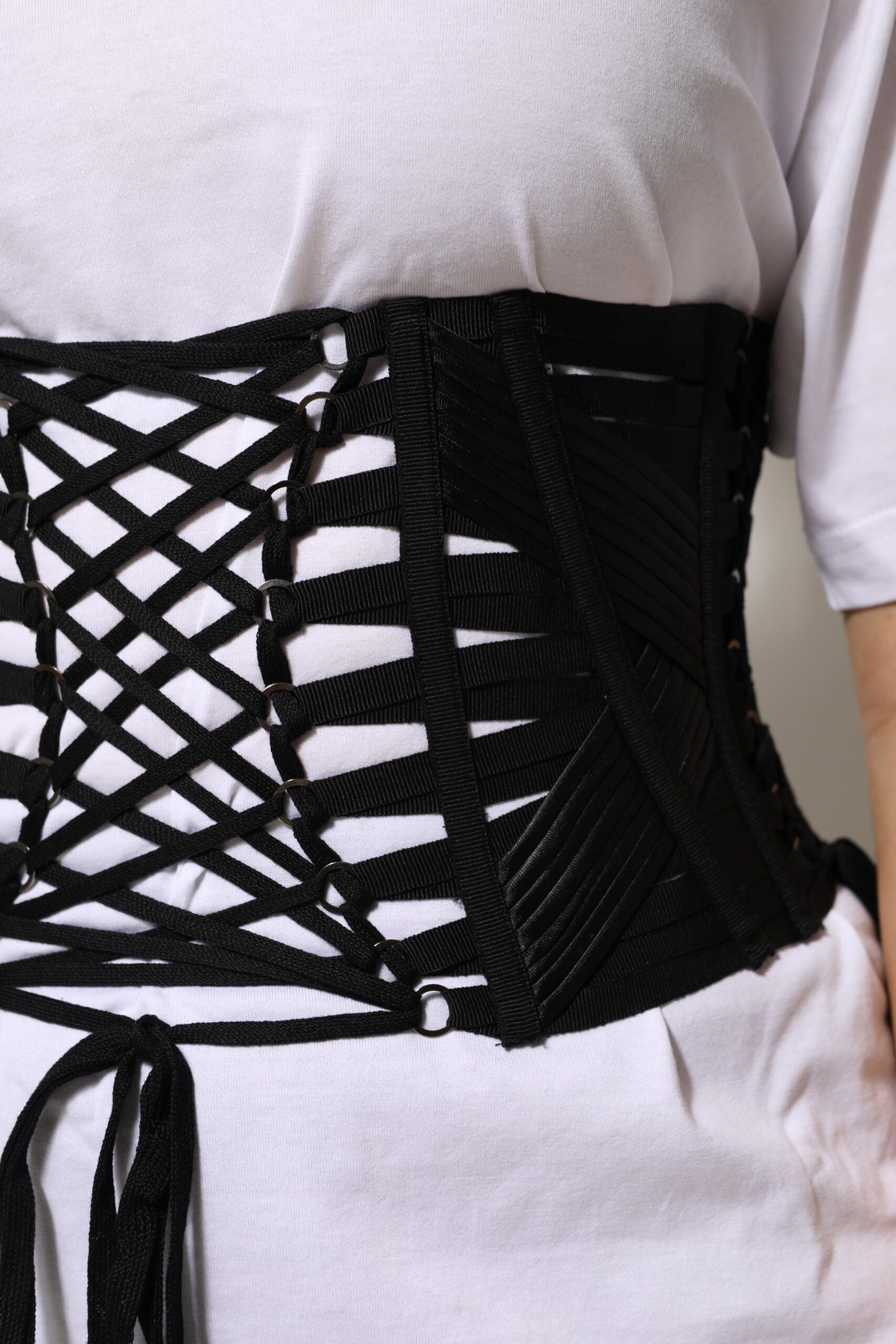 Black Cotton Waist LaceUp Strap Corset Belt - ventzia