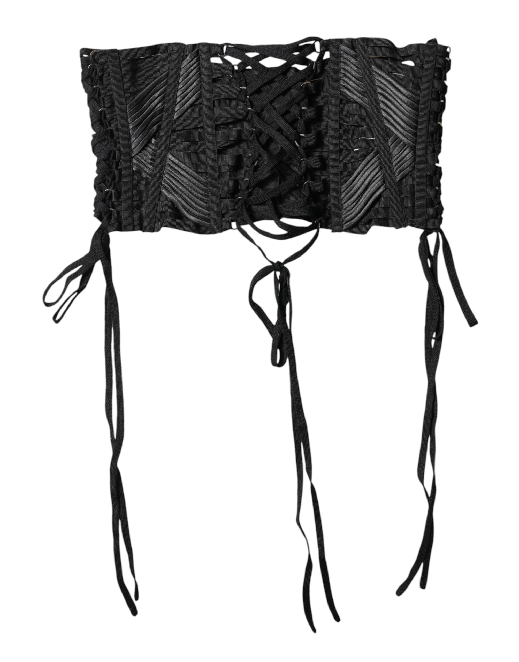 Black Cotton Waist LaceUp Strap Corset Belt - ventzia