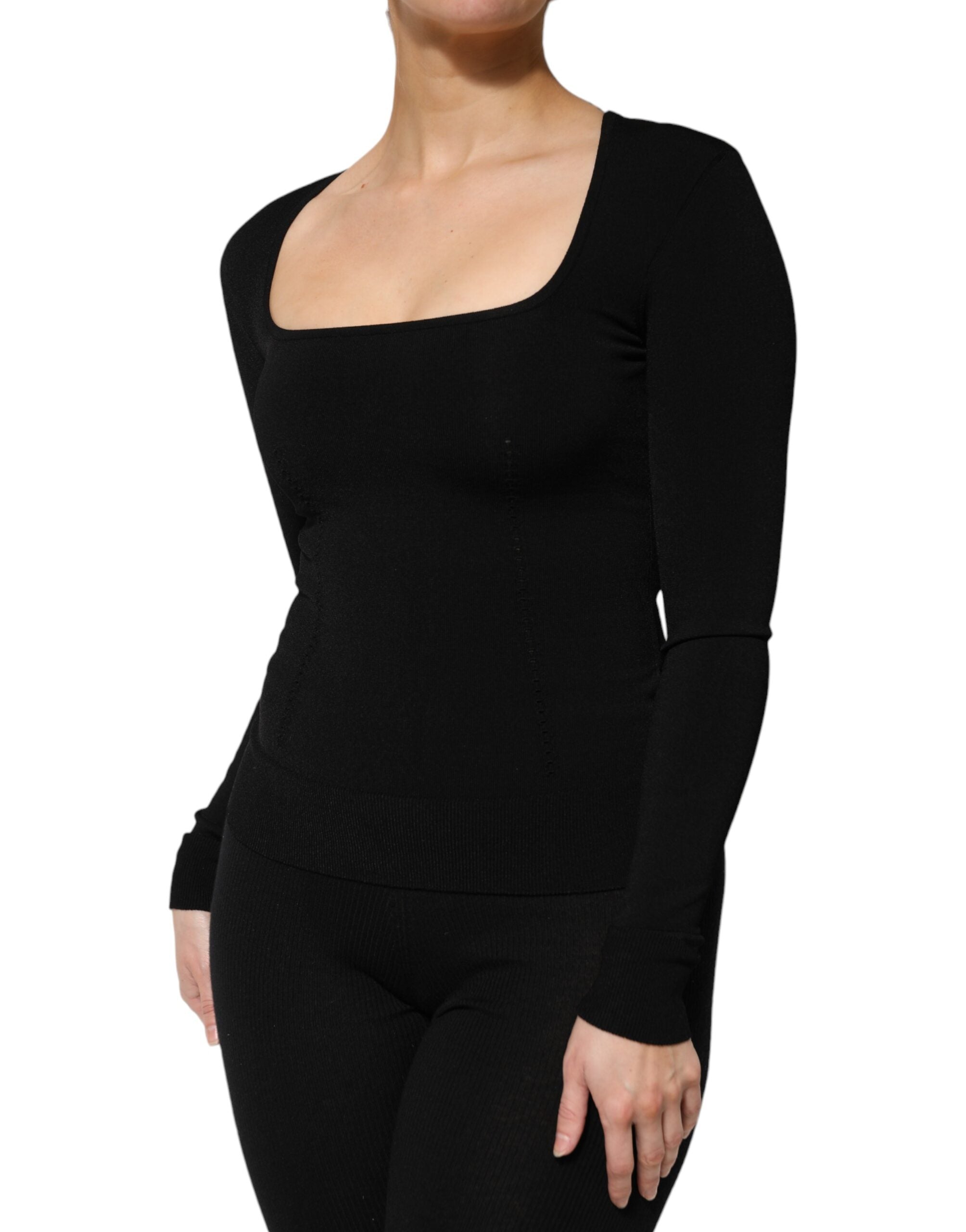 Black Square Neck Long Sleeves Pullover Top - ventzia