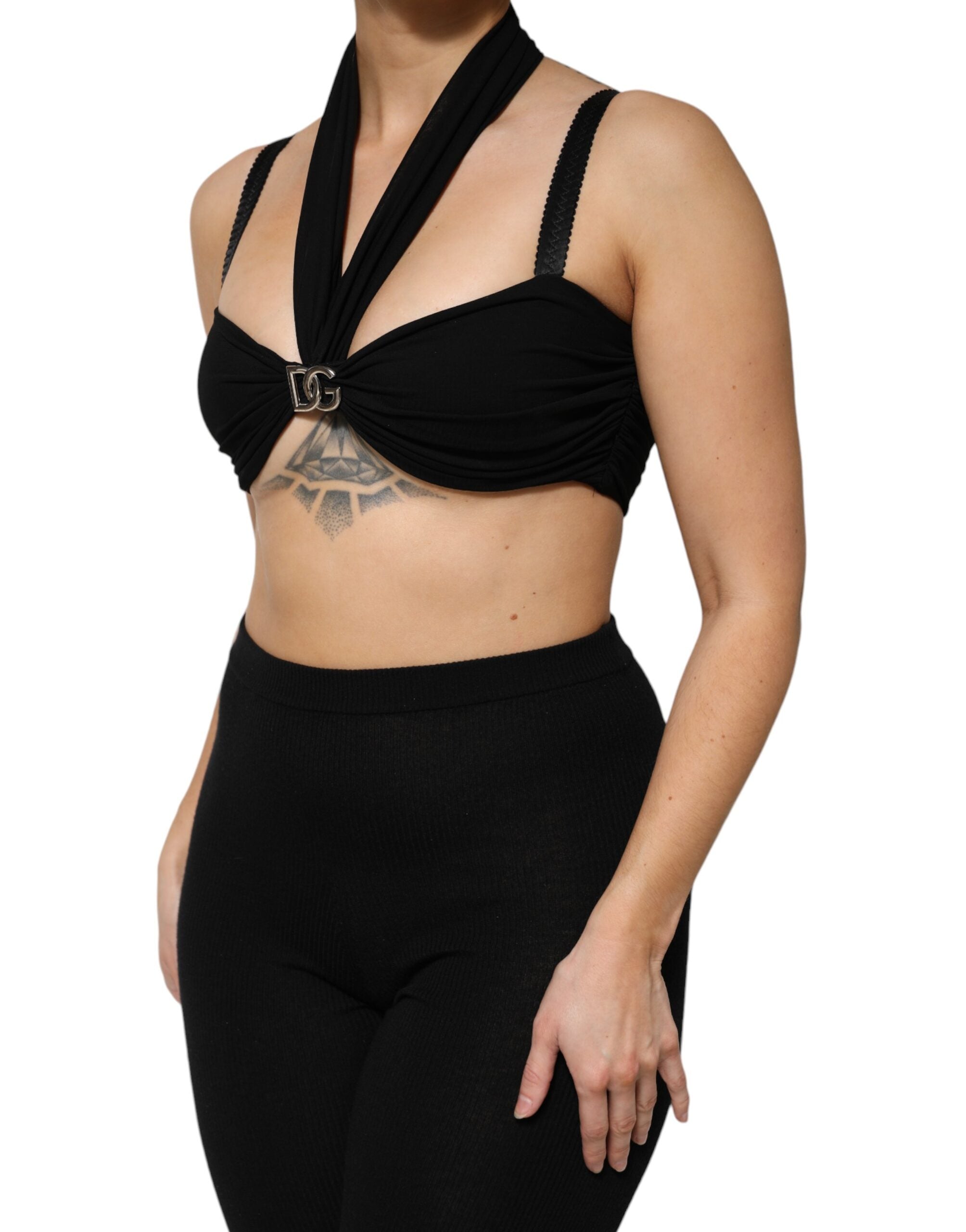 Black Cropped Viscose Halter Bustier Top - ventzia