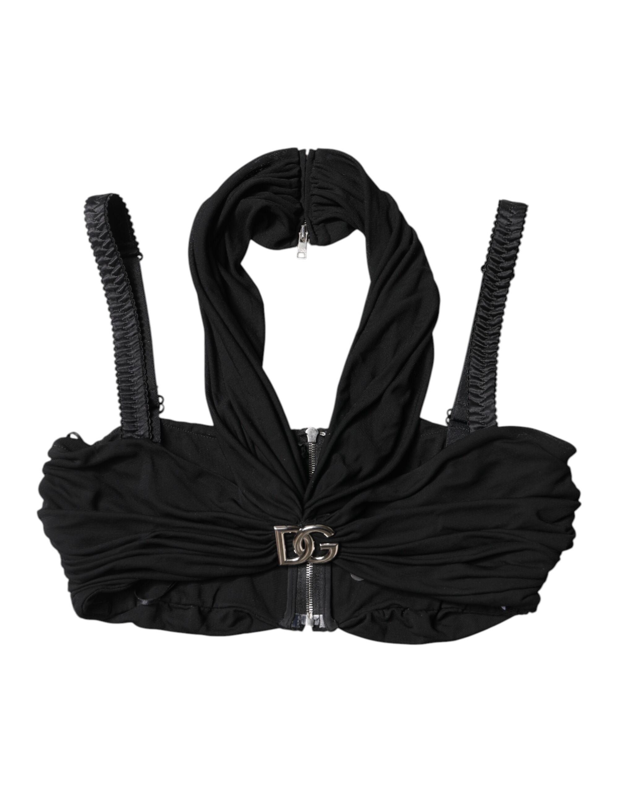 Black Cropped Viscose Halter Bustier Top - ventzia