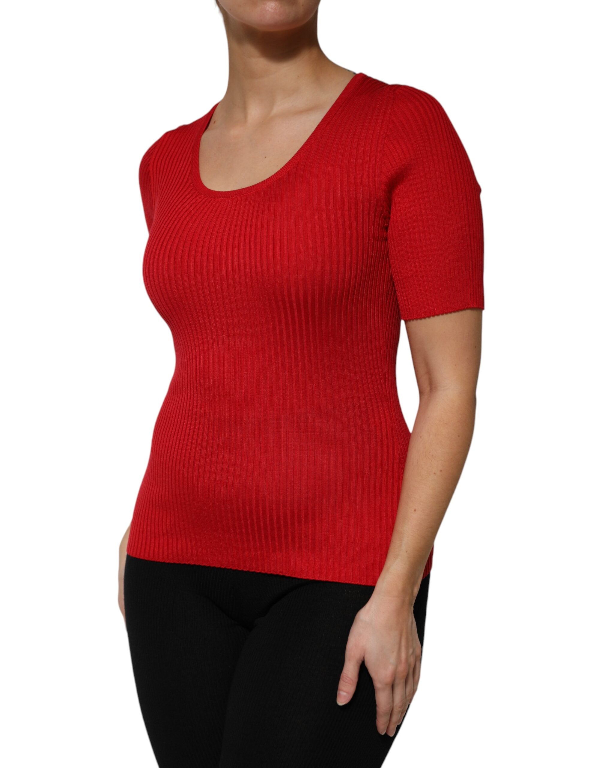 Red Round Neck Short Sleeves Pullover Top - ventzia