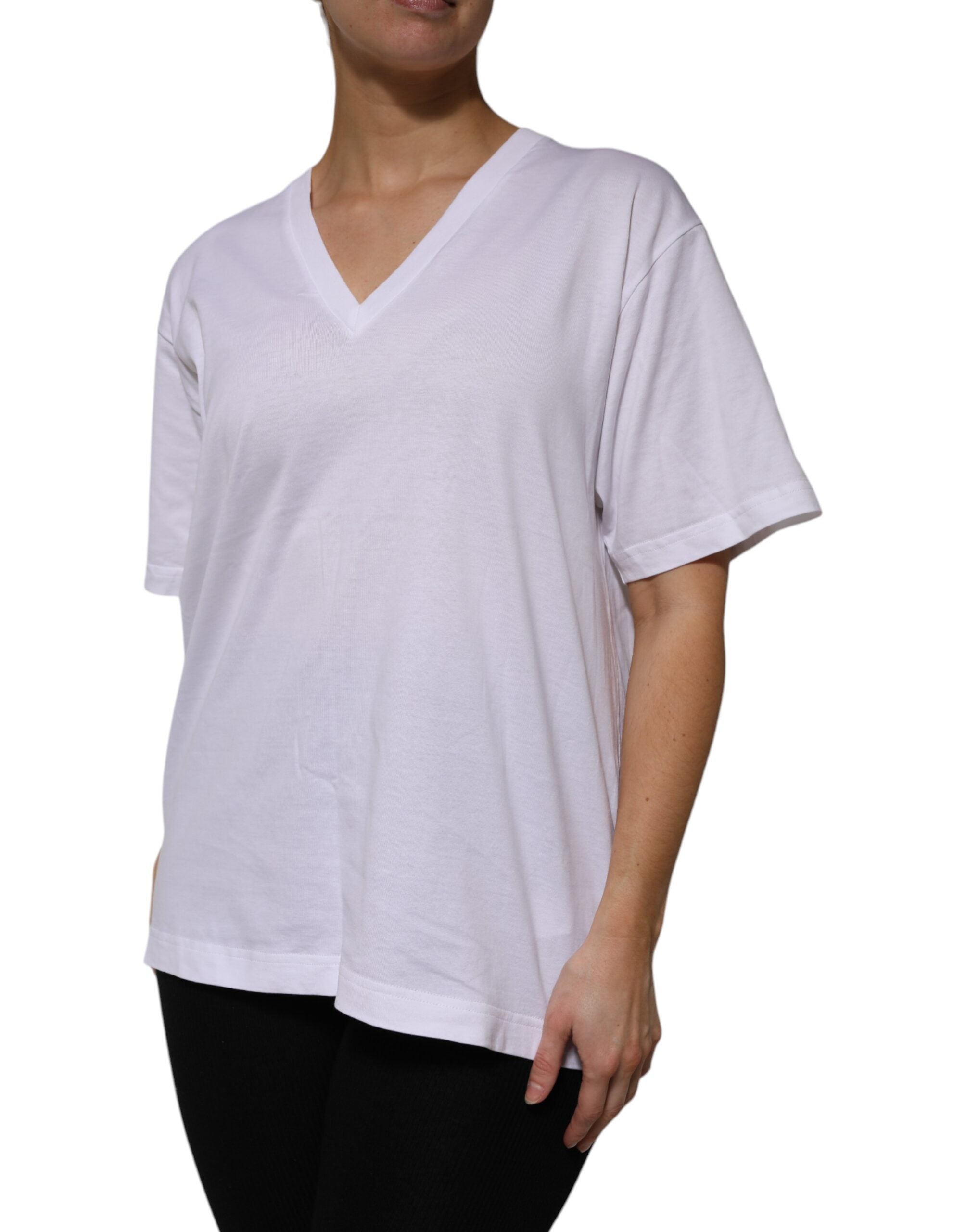 White Cotton Short Sleeves V-neck T-shirt - ventzia