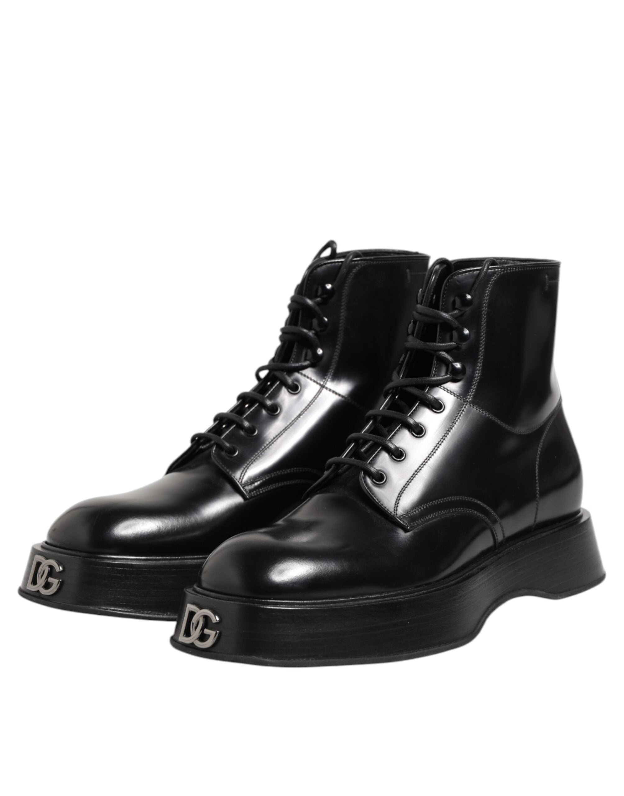 Black Leather Logo Ankle Boots Lace Up Shoes - ventzia
