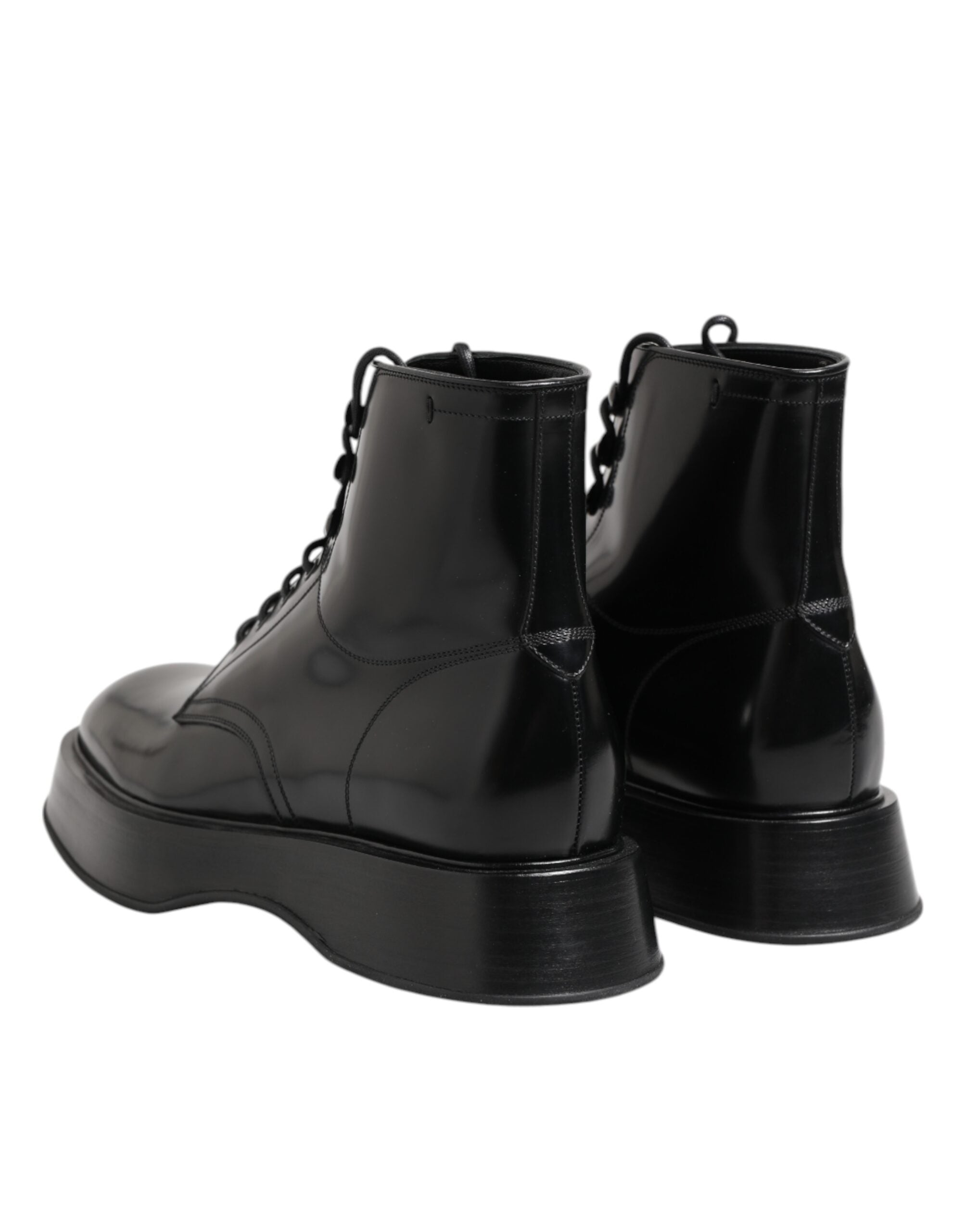Black Leather Logo Ankle Boots Lace Up Shoes - ventzia