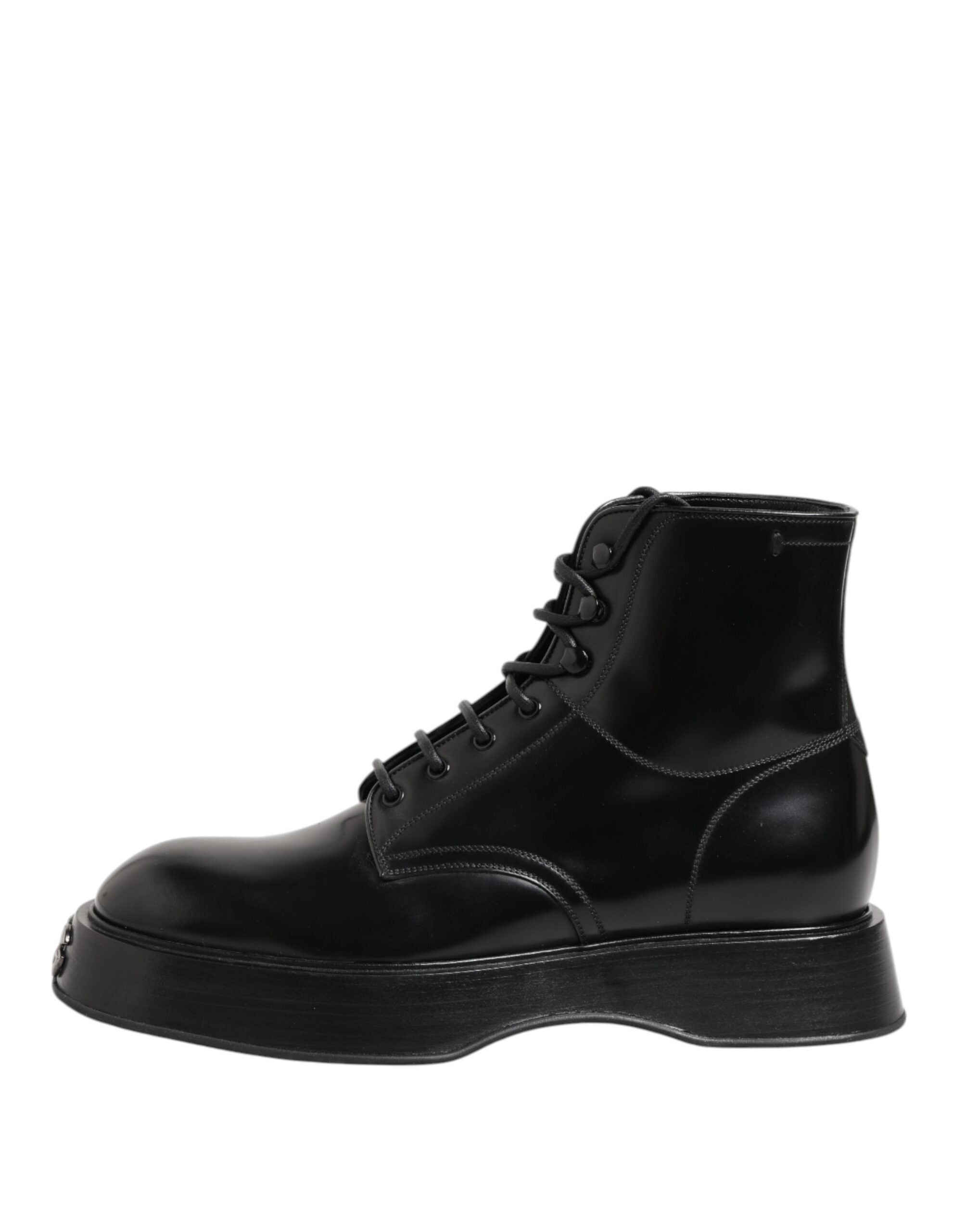 Black Leather Logo Ankle Boots Lace Up Shoes - ventzia