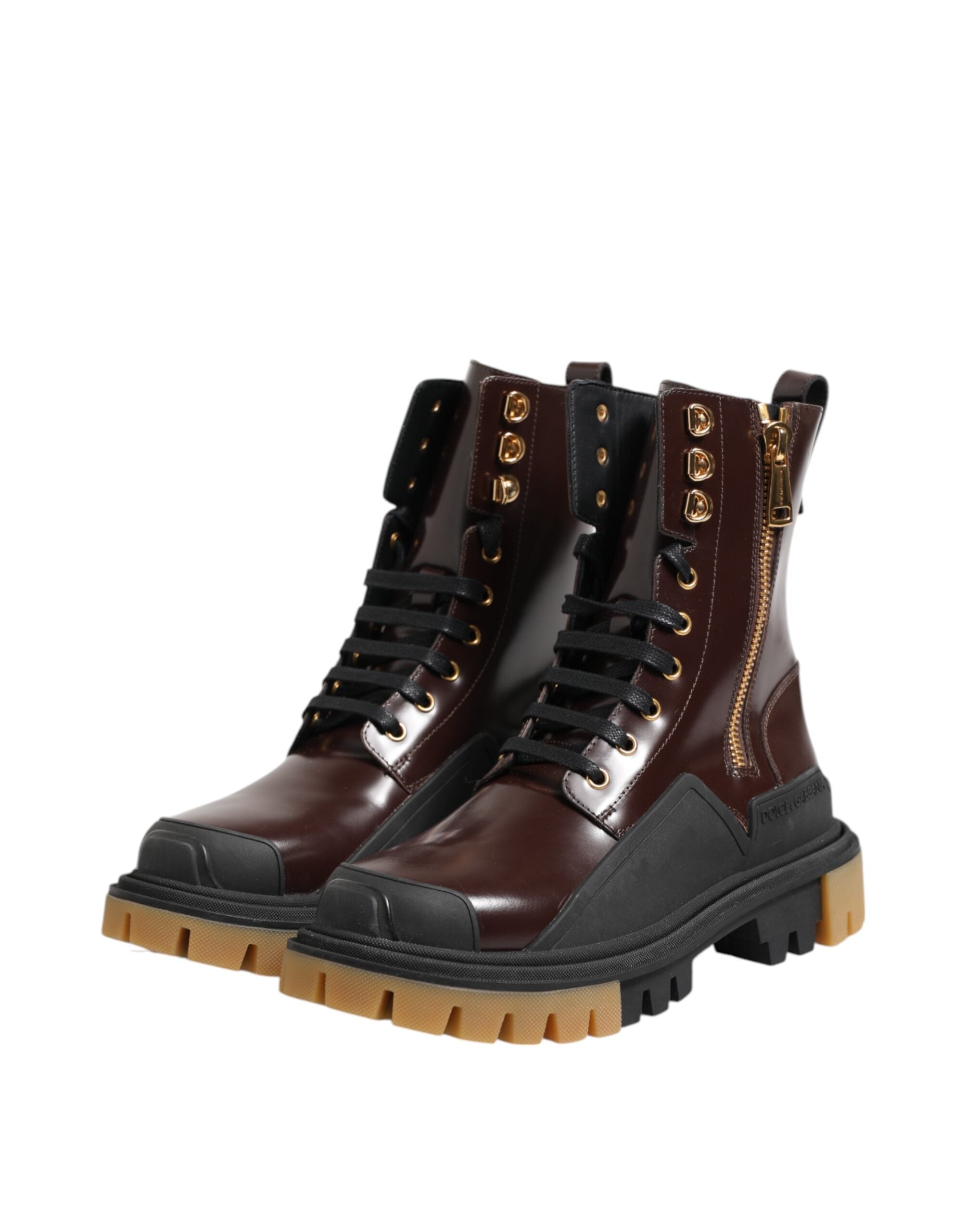 Brown Black Leather Boots Zipper Lace Up Shoes - ventzia