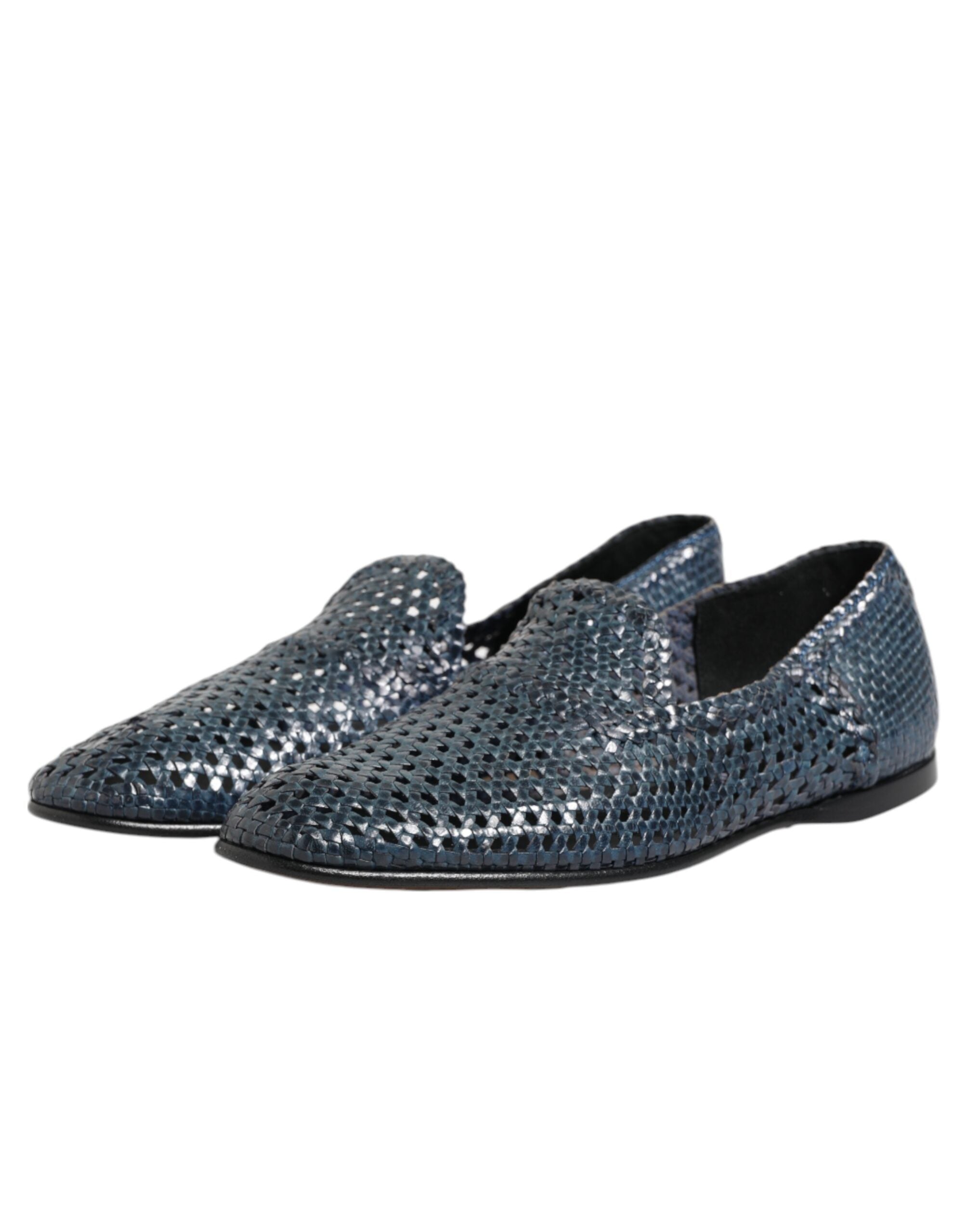 Blue Woven Leather Slip On Loafers Shoes - ventzia