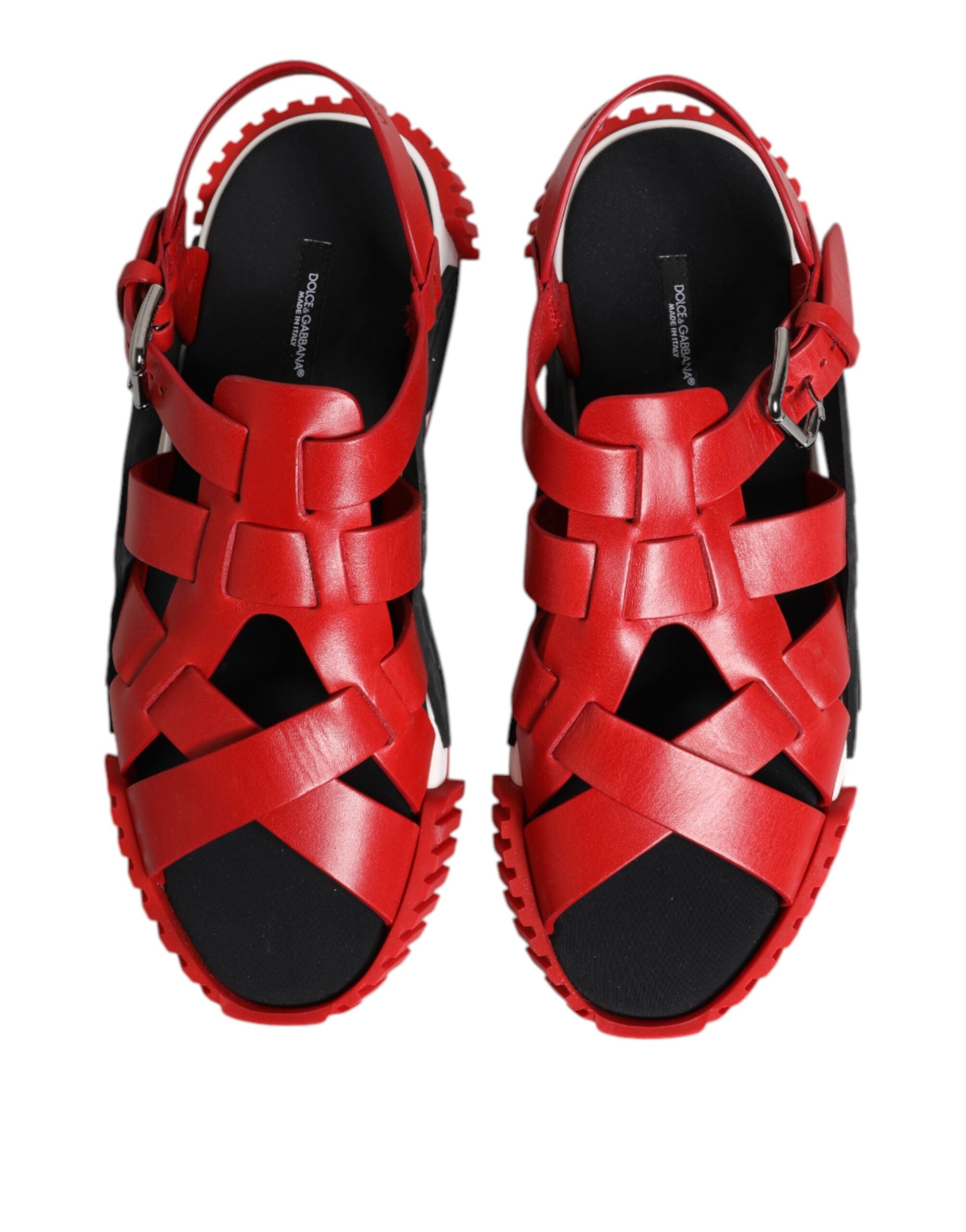 Red Black Leather Ankle Strap Sandals Shoes - ventzia