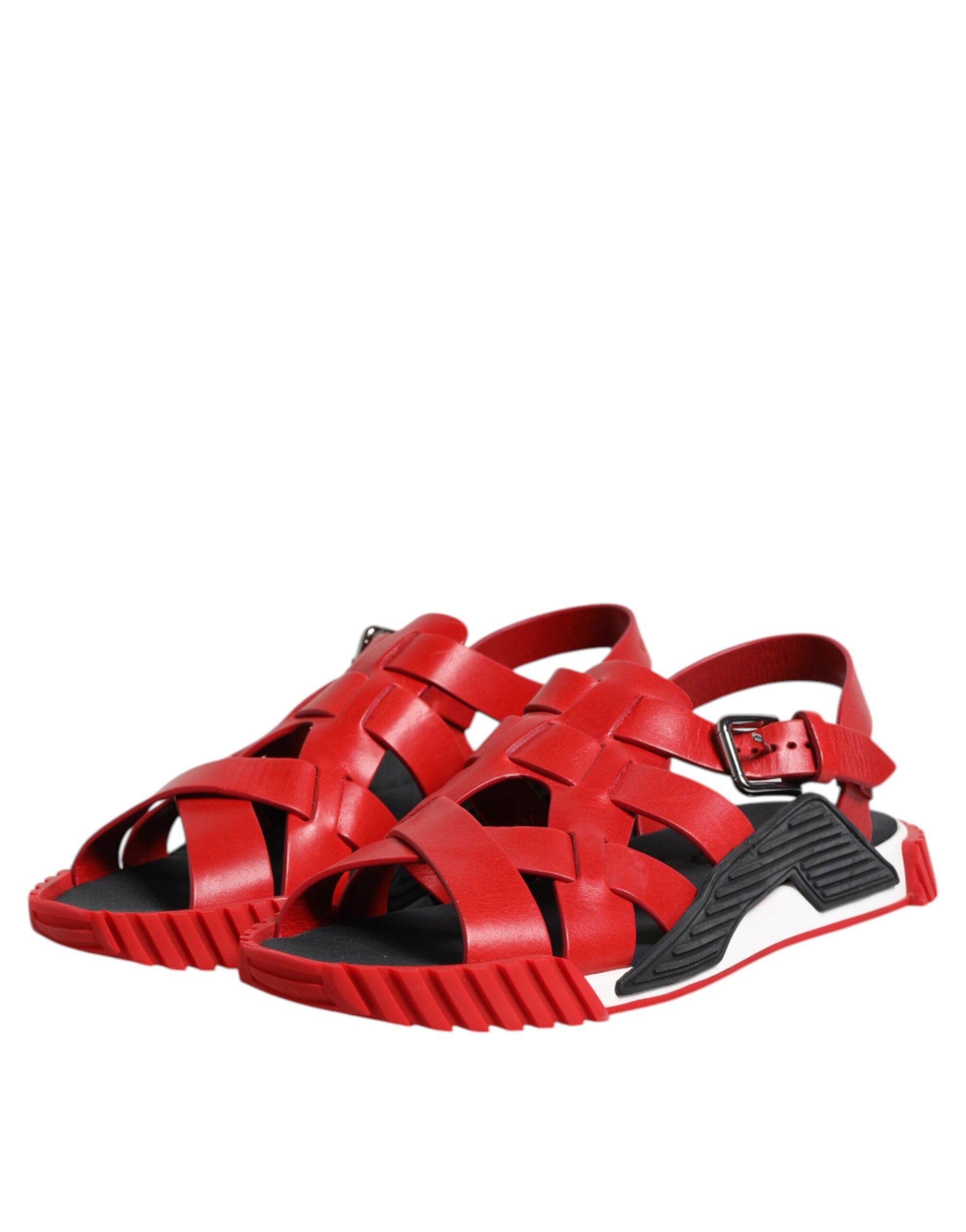 Red Black Leather Ankle Strap Sandals Shoes - ventzia