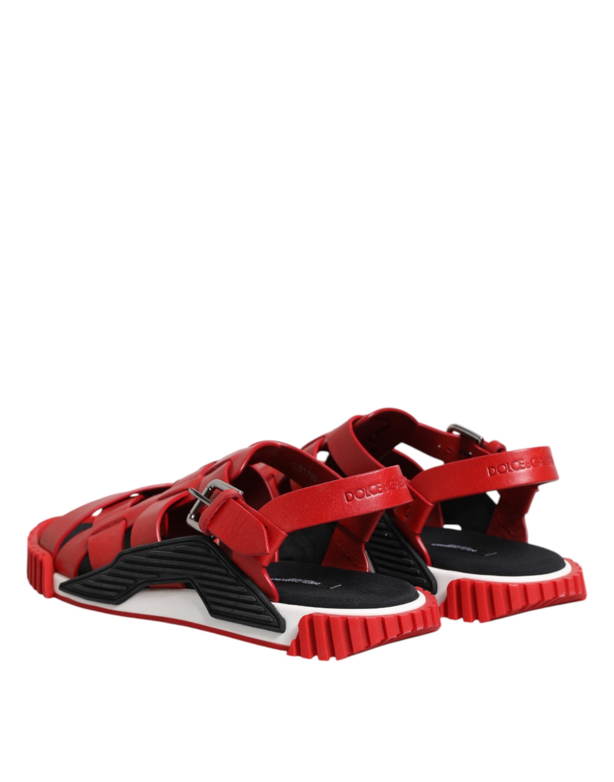 Red Black Leather Ankle Strap Sandals Shoes - ventzia