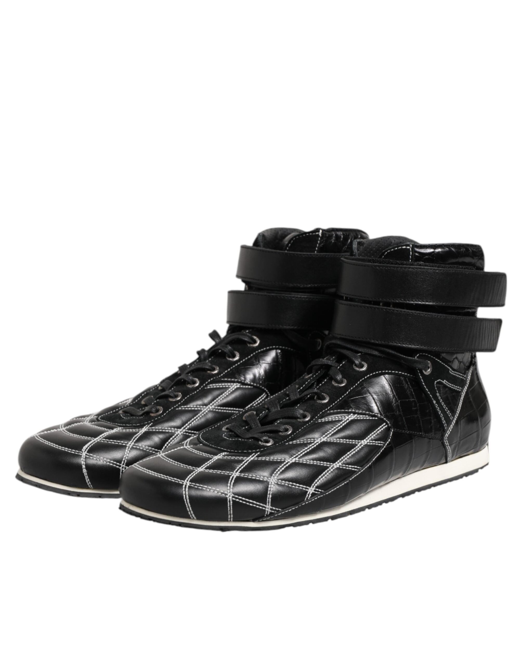 Black Quilted Leather Lace Up Sneakers Shoes - ventzia