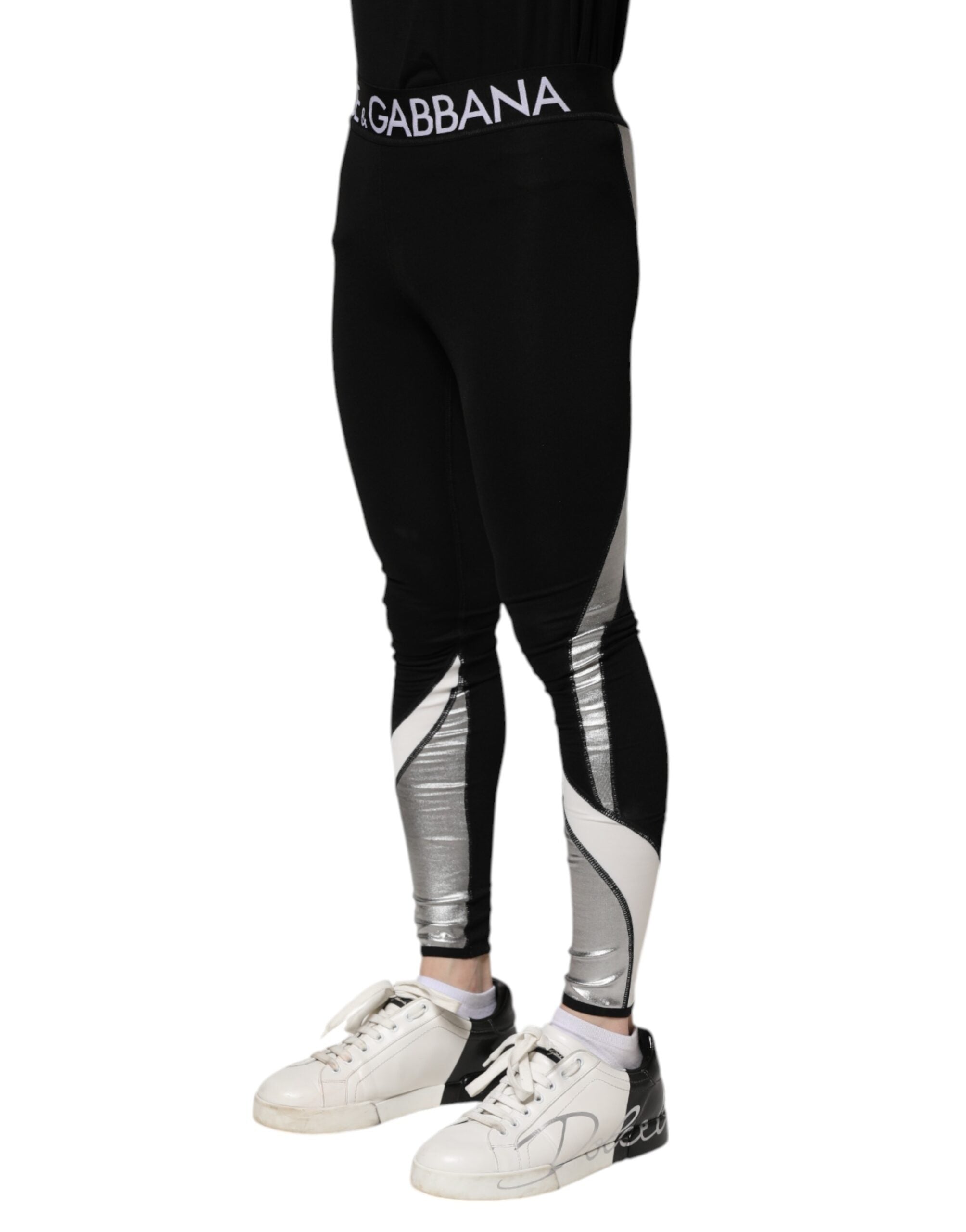 Black Silver Nylon Skinny Men Leggings Pants - ventzia
