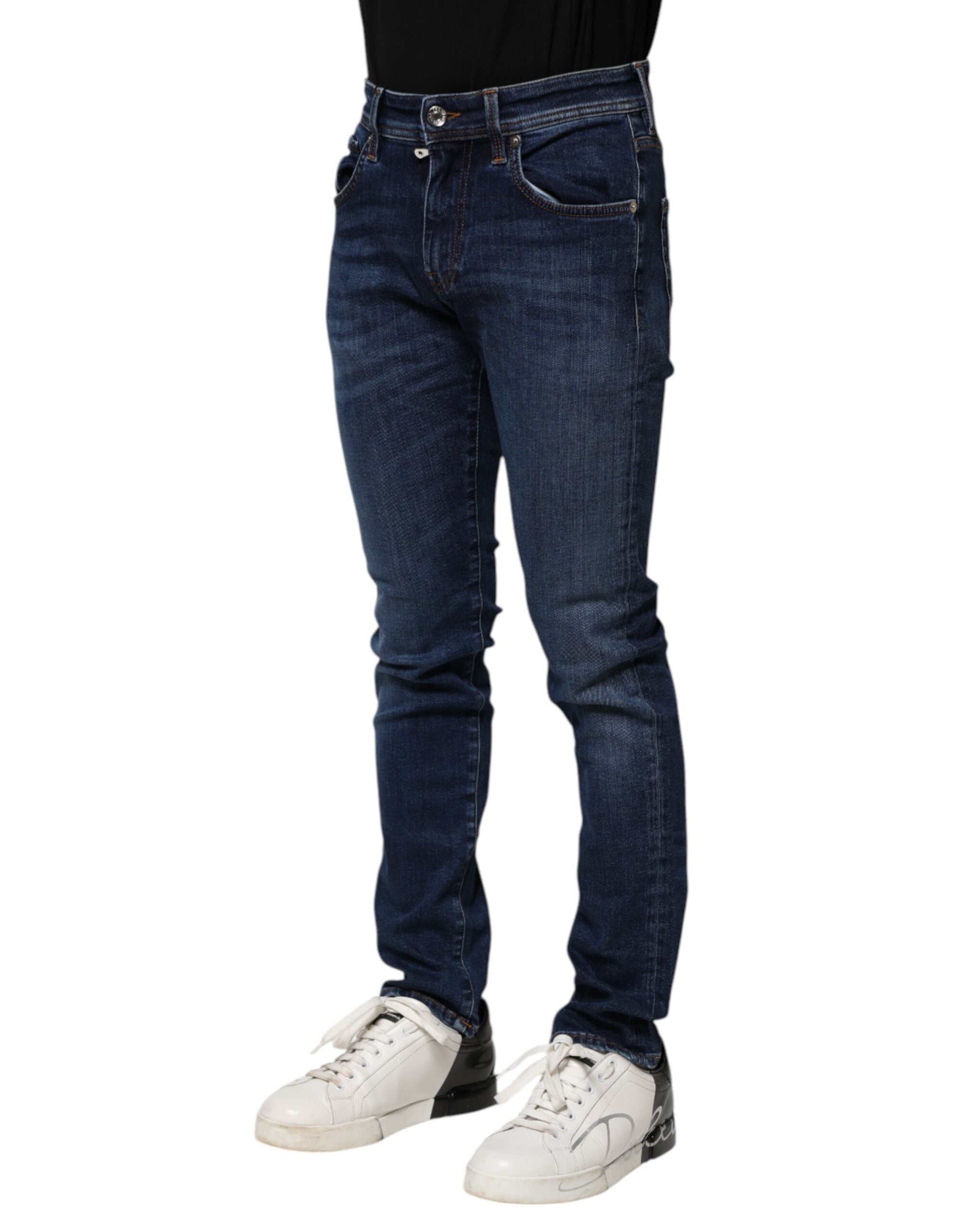 Dark Blue Cotton Skinny Denim Jeans - ventzia