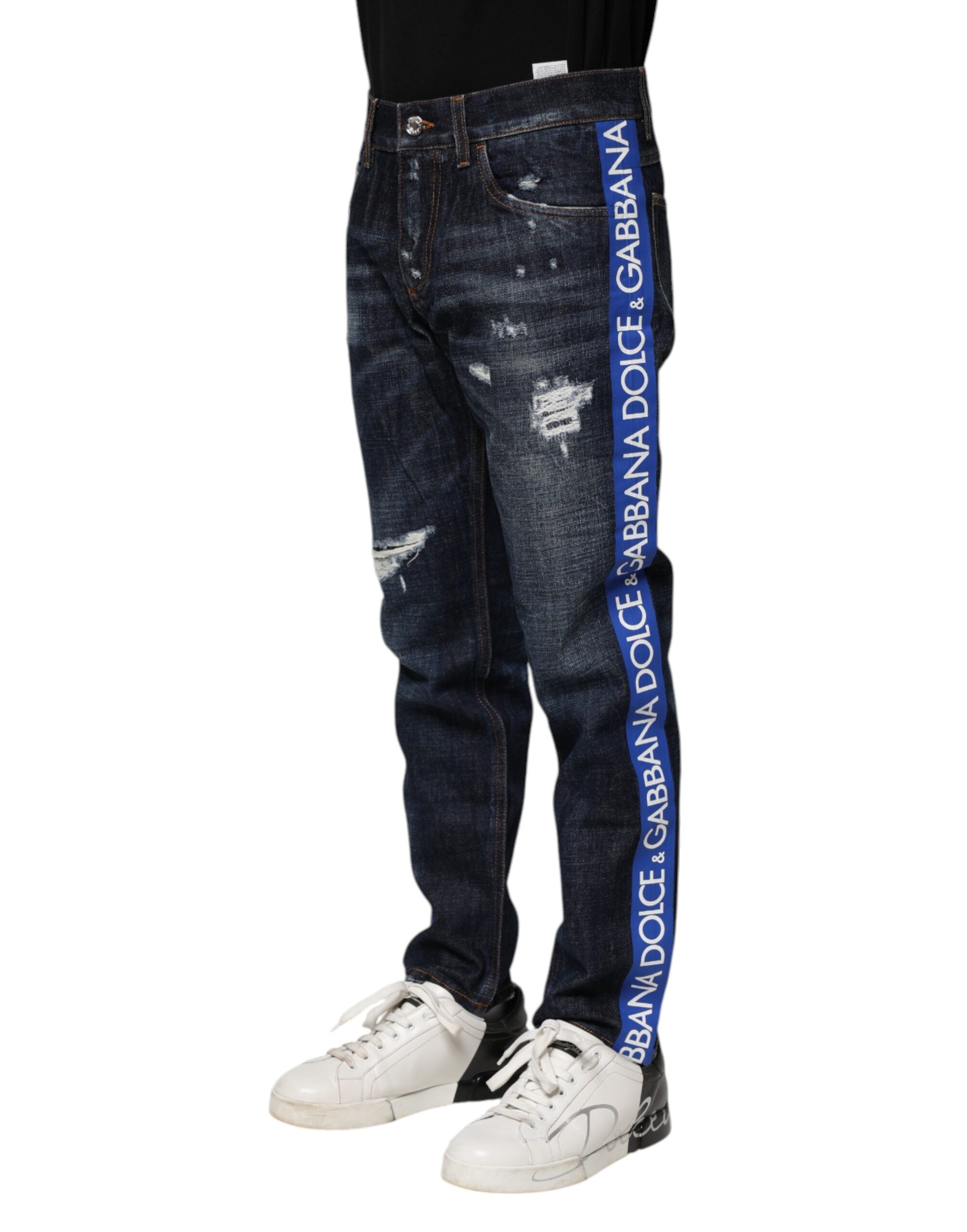 Dark Blue Tattered Skinny Denim Jeans - ventzia