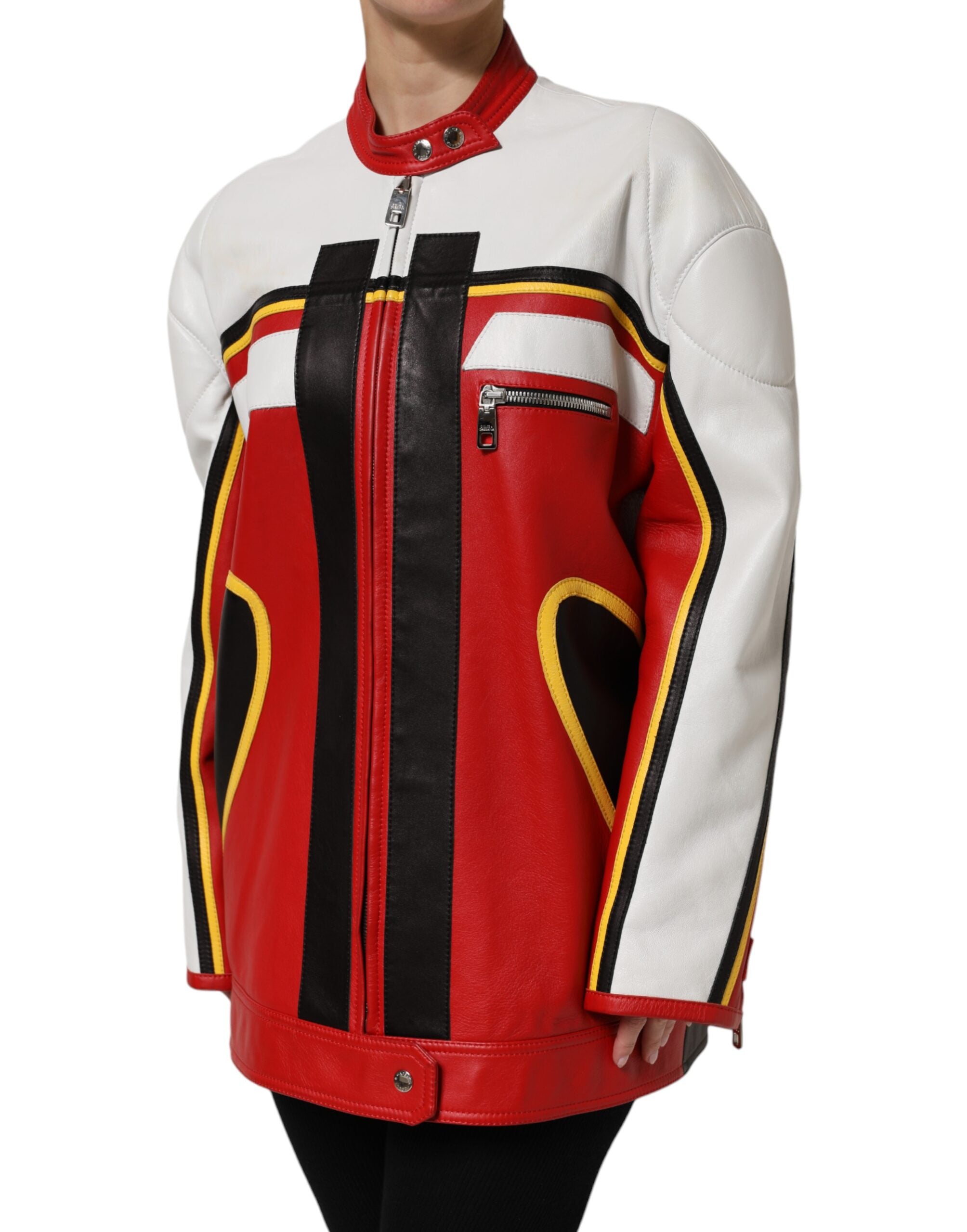 Multicolor Leather Biker Full Zip Coat Jacket - ventzia