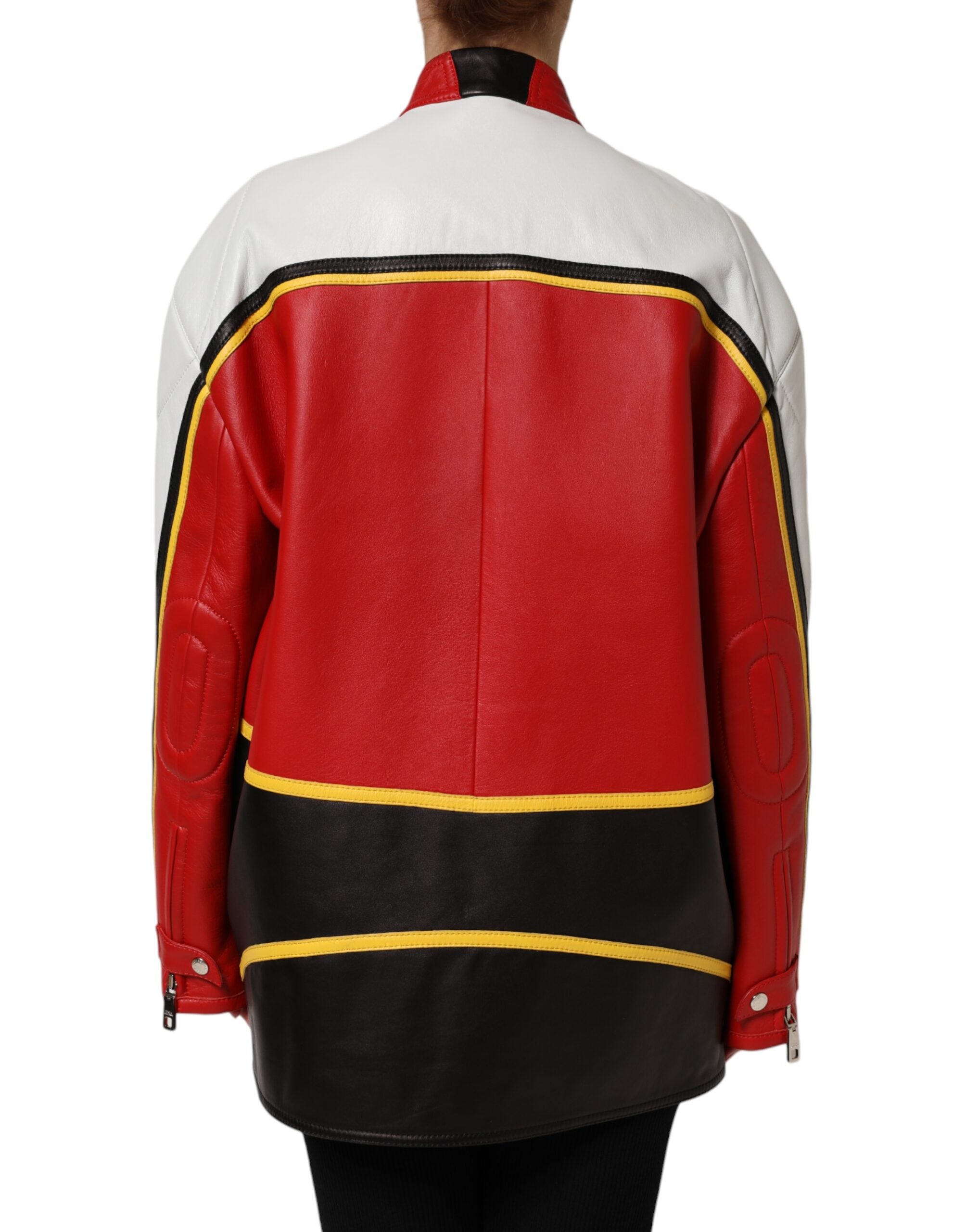Multicolor Leather Biker Full Zip Coat Jacket - ventzia