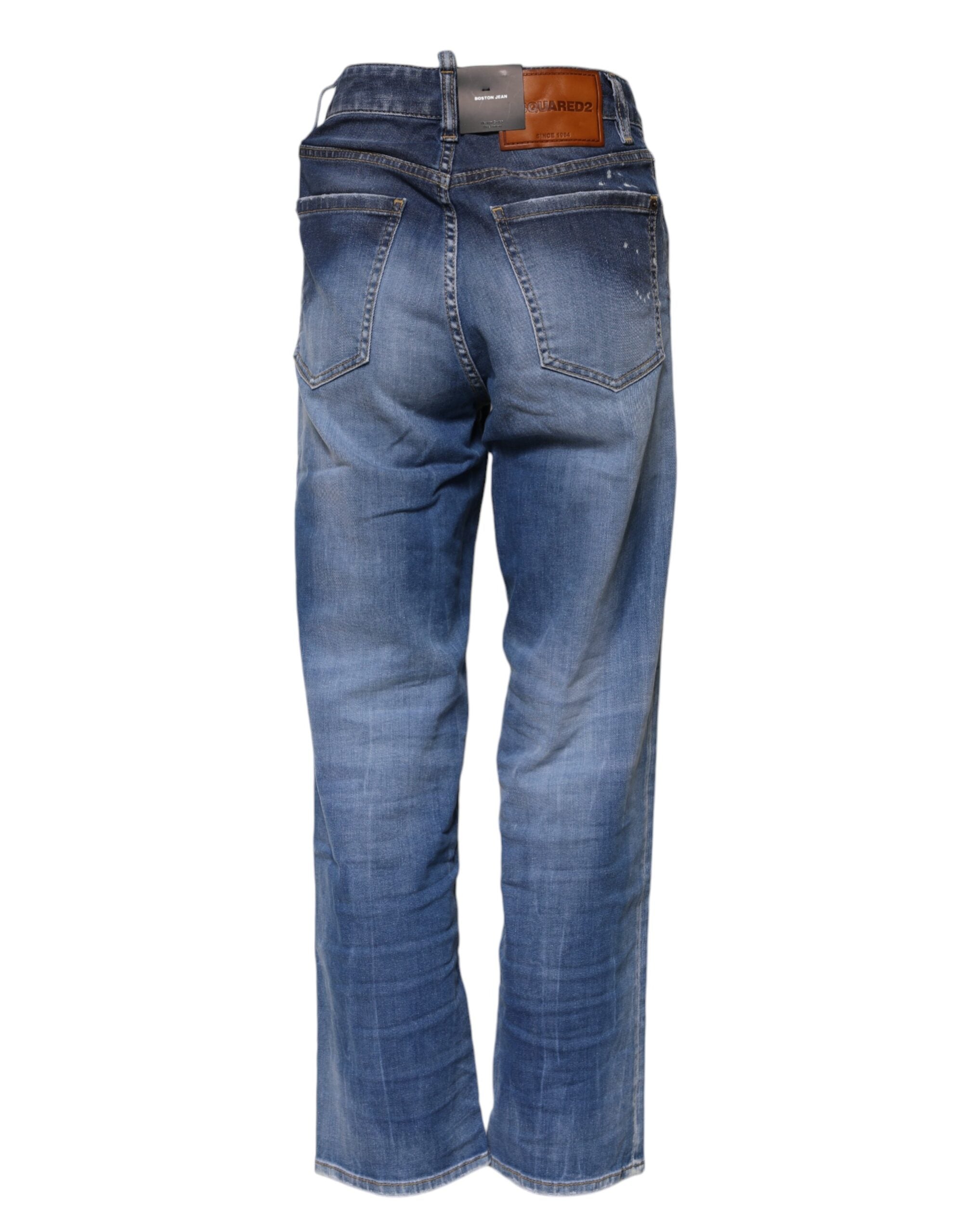 Blue Washed Cotton Mid Waist Straight Jeans - ventzia