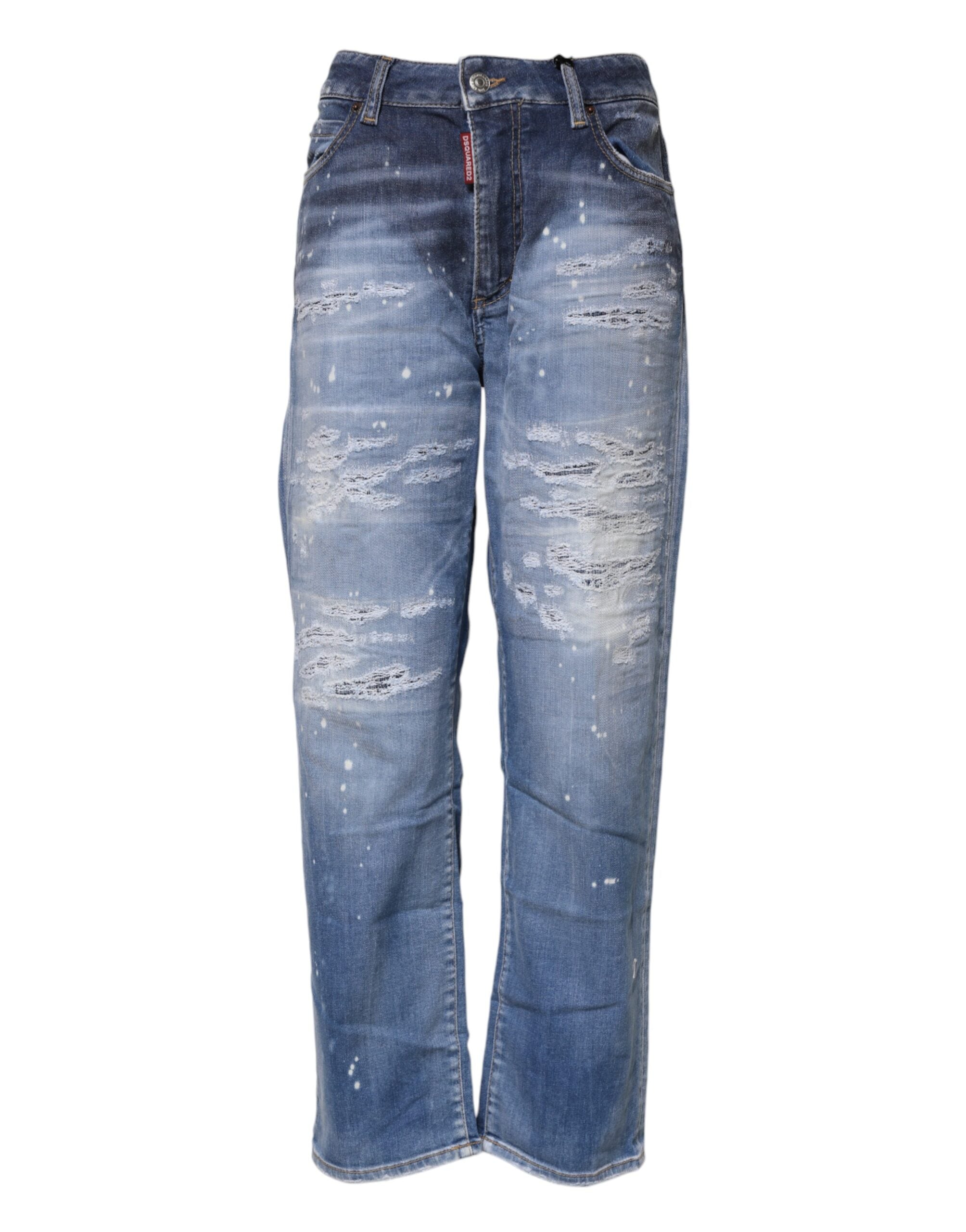 Blue Tattered Cotton Mid Waist Straight Denim Jeans - ventzia