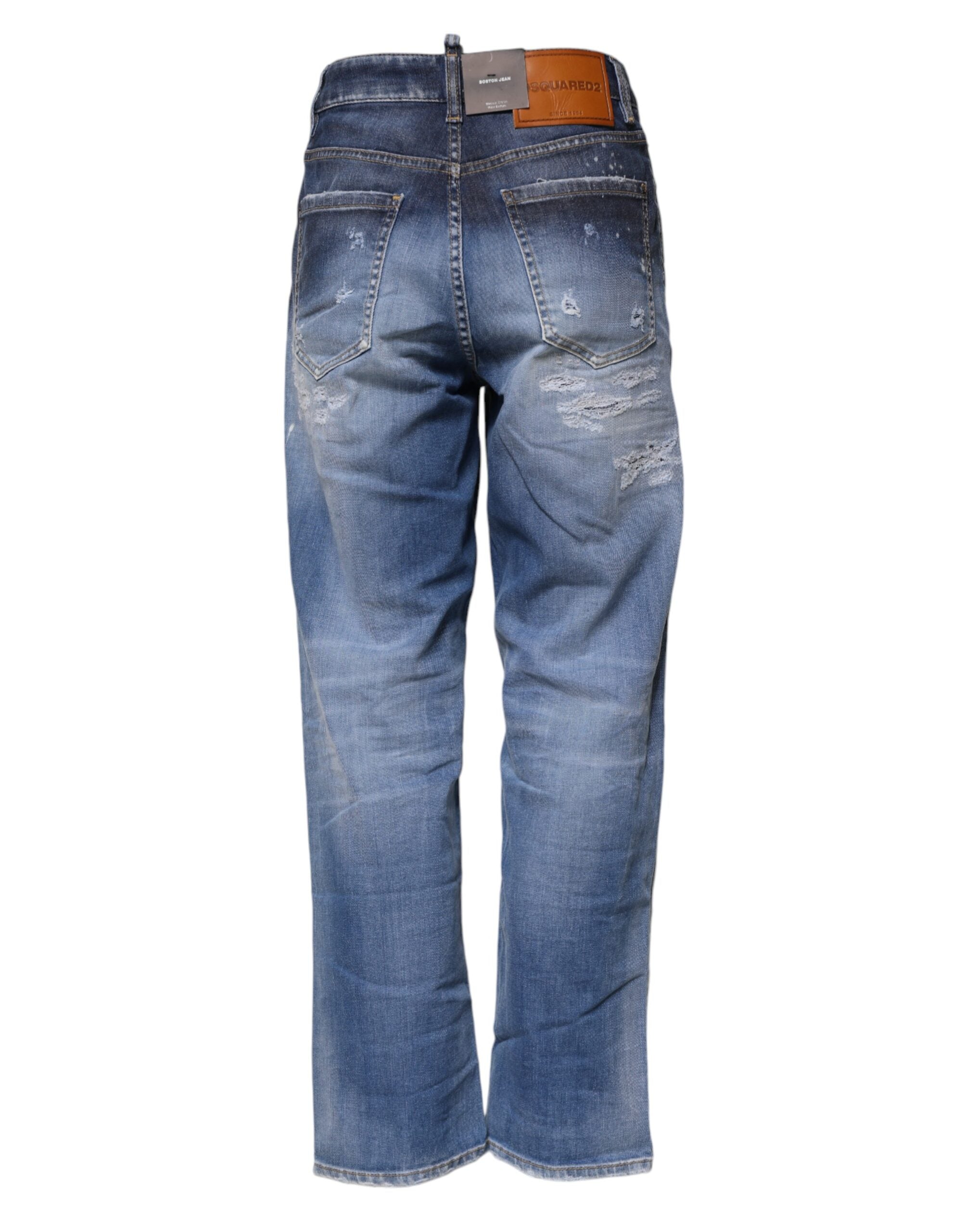 Blue Tattered Cotton Mid Waist Straight Denim Jeans - ventzia