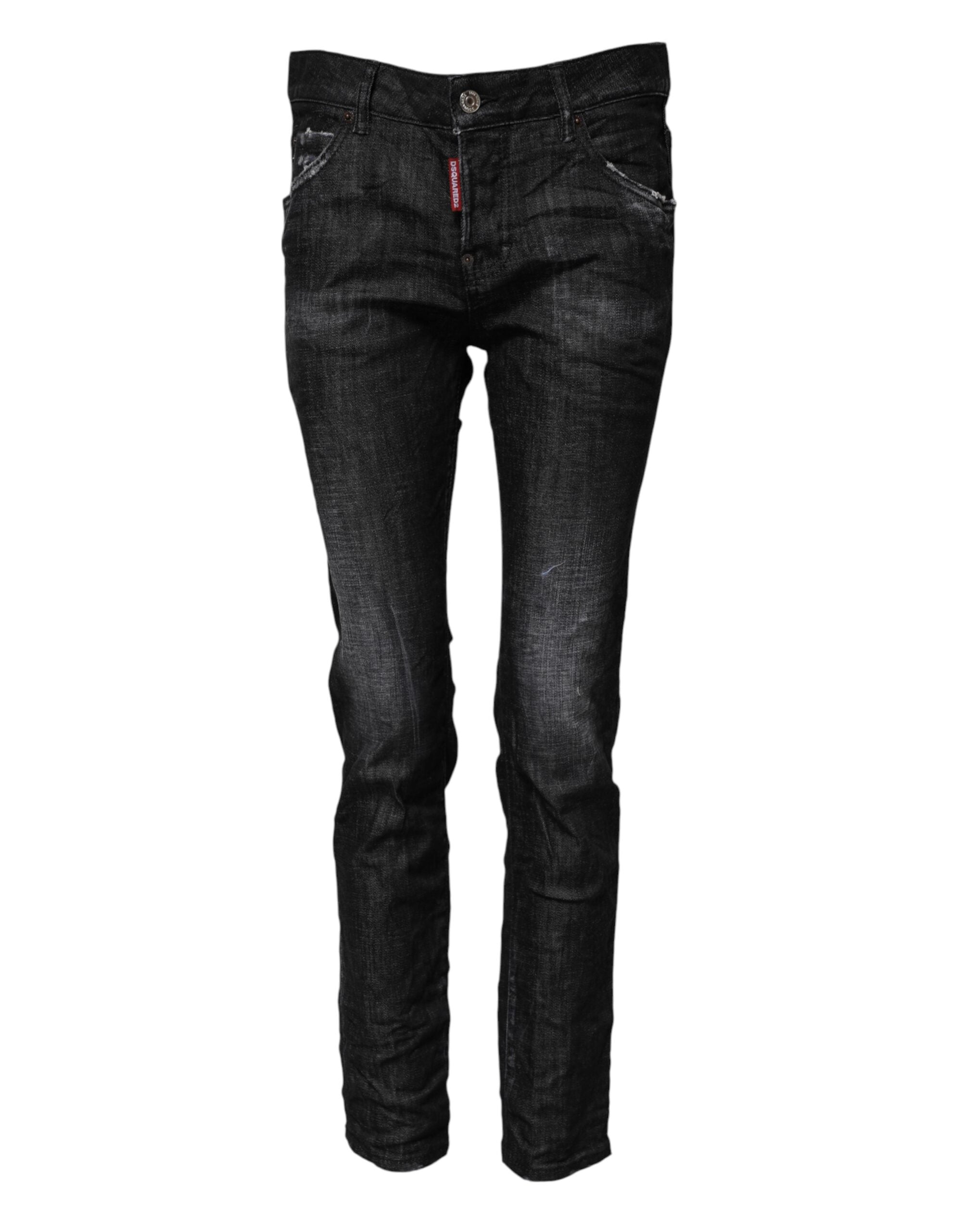 Black Washed Cotton Mid Waist Skinny Jeans - ventzia